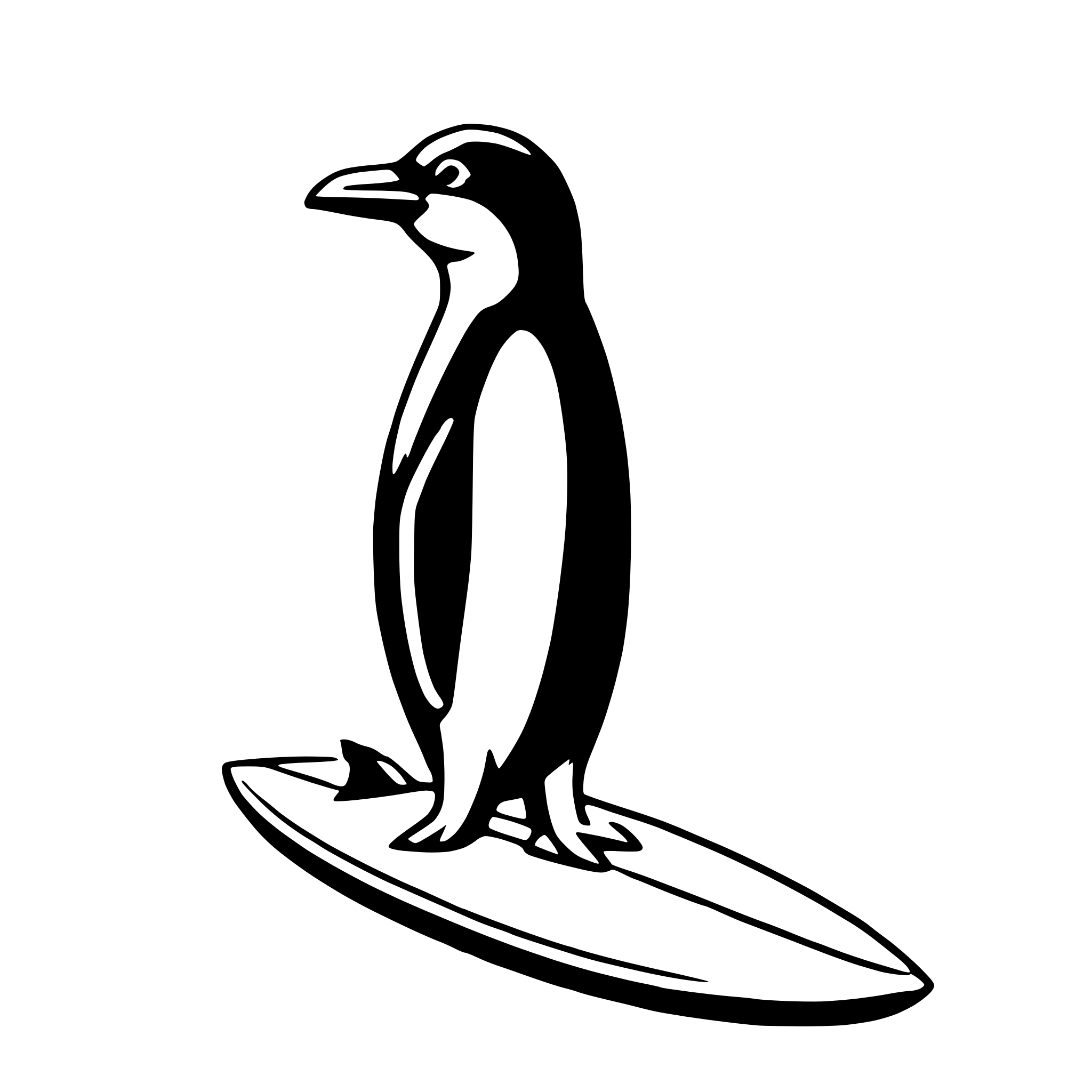 The SVG depicts a stylized black and white illustration of a penguin standing on a surfboard. The penguin is facing to the right, with its head turned slightly towards the viewer. The surfboard is under the penguin's feet, and the penguin's flippers are visible on either side of its body. The SVG is simple and does not contain any additional objects or interactions. 