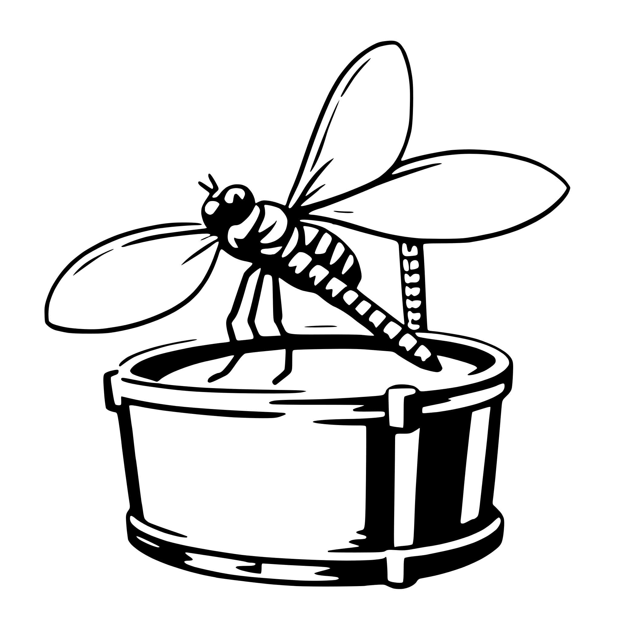 The SVG depicts a stylized illustration of a bee perched on the rim of a cylindrical container. The bee is shown with a simplified body, two wings, and six legs, all rendered in a line drawing style. The container appears to be a cylindrical metal can with a flat top and a raised rim. The bee is facing towards the right side of the SVG, and its antennae are extended forward. The SVG is monochromatic, with the bee and the container in black against a white background. 