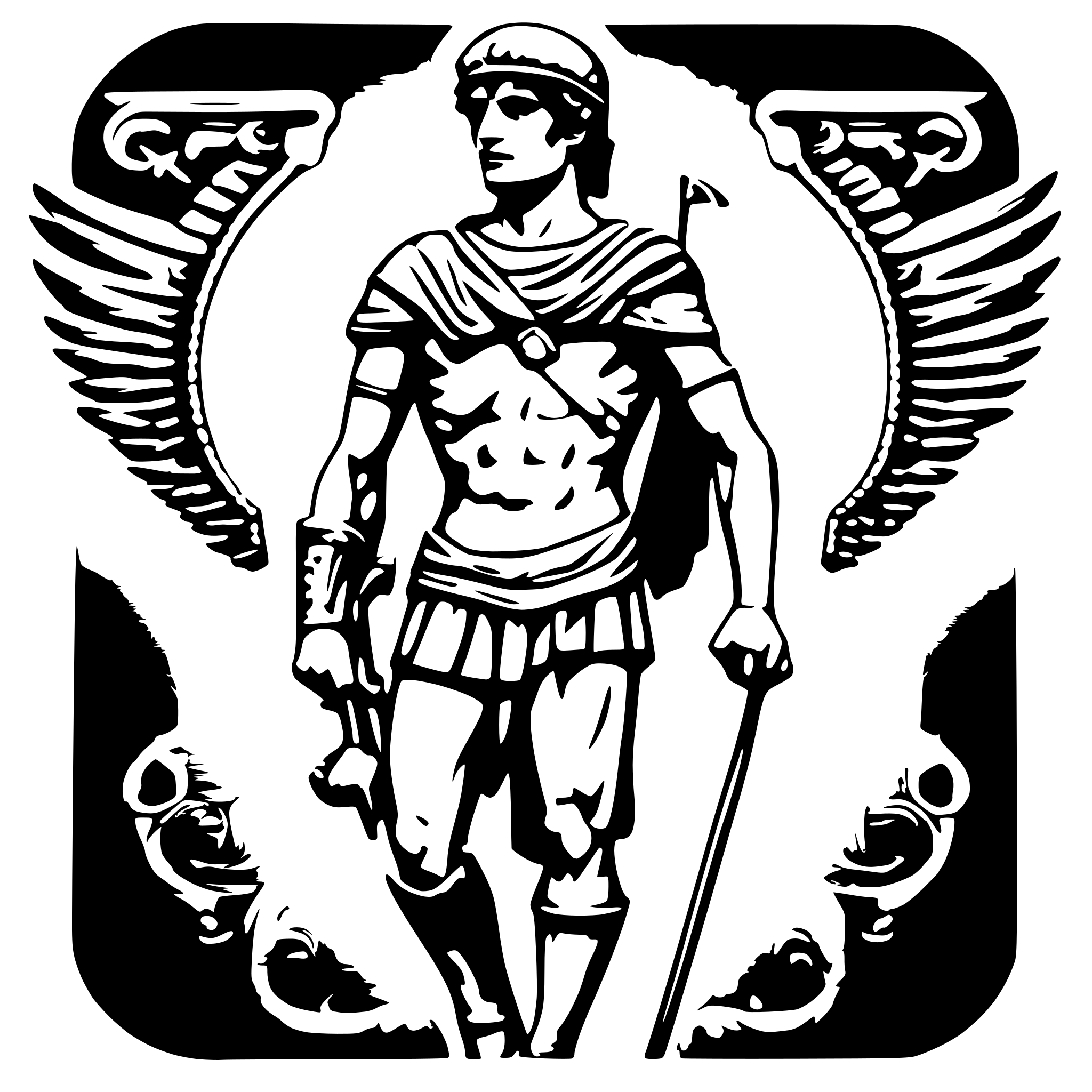 AI-generated SVG of 'detailed and elegant hermes drawing, greek god of voyagers and merchants,roman god mercure, thick lines, wearing his iconic winged helmet, winged boots, and holding his staff'
