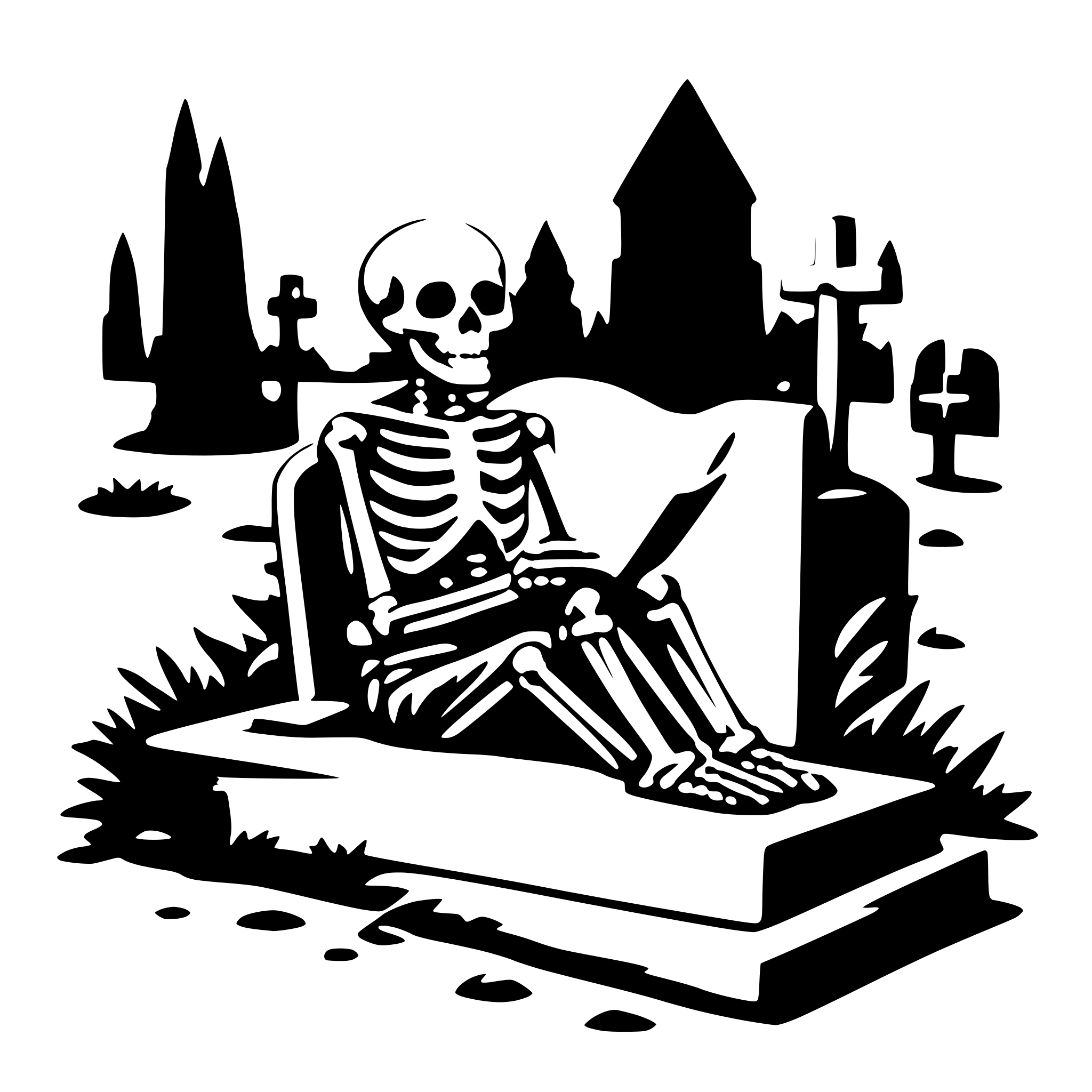 AI-generated SVG of a a skeleton reading on a grave