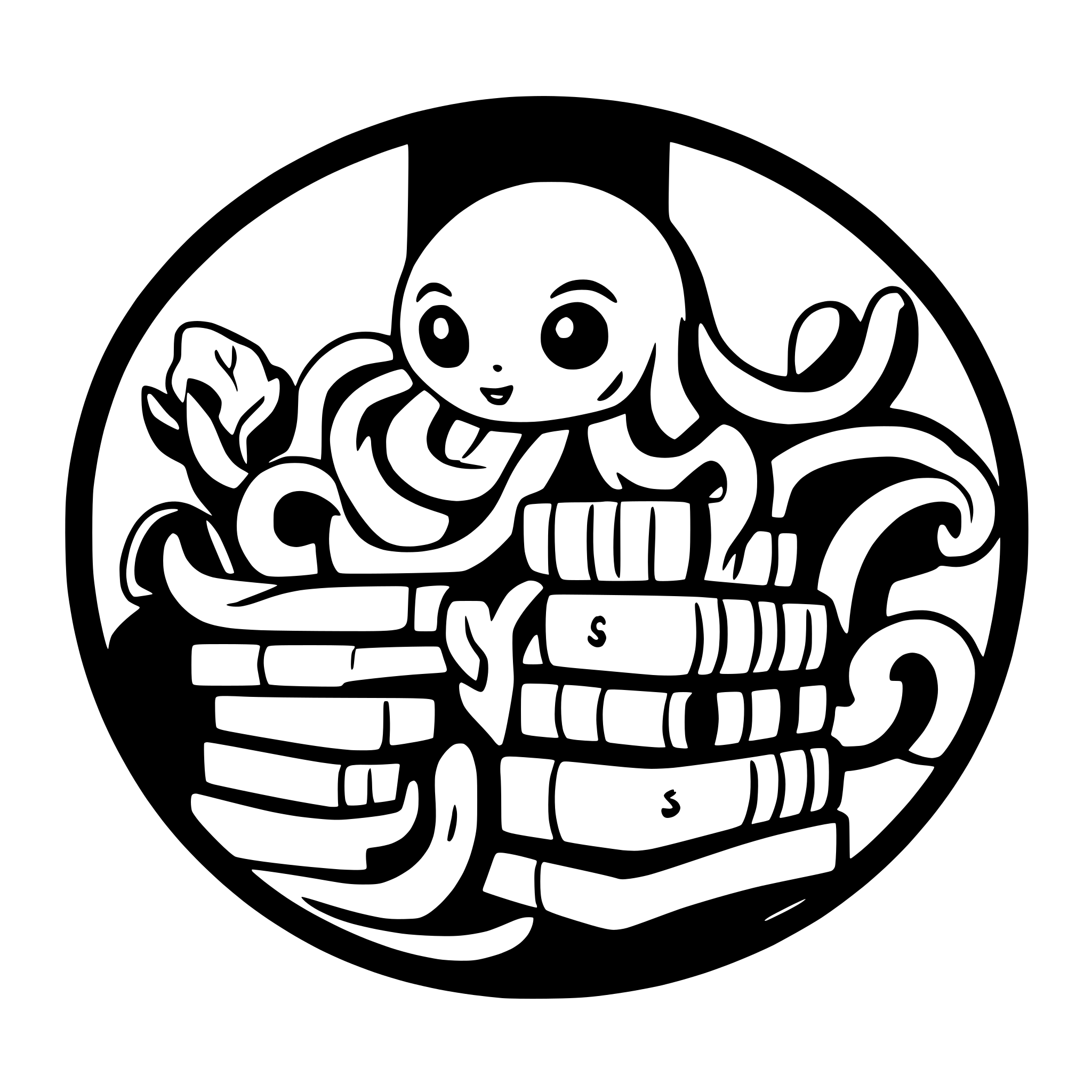 AI-generated SVG of a simple cute octopus logo inspired by Mangadex logo with bookshelf and books