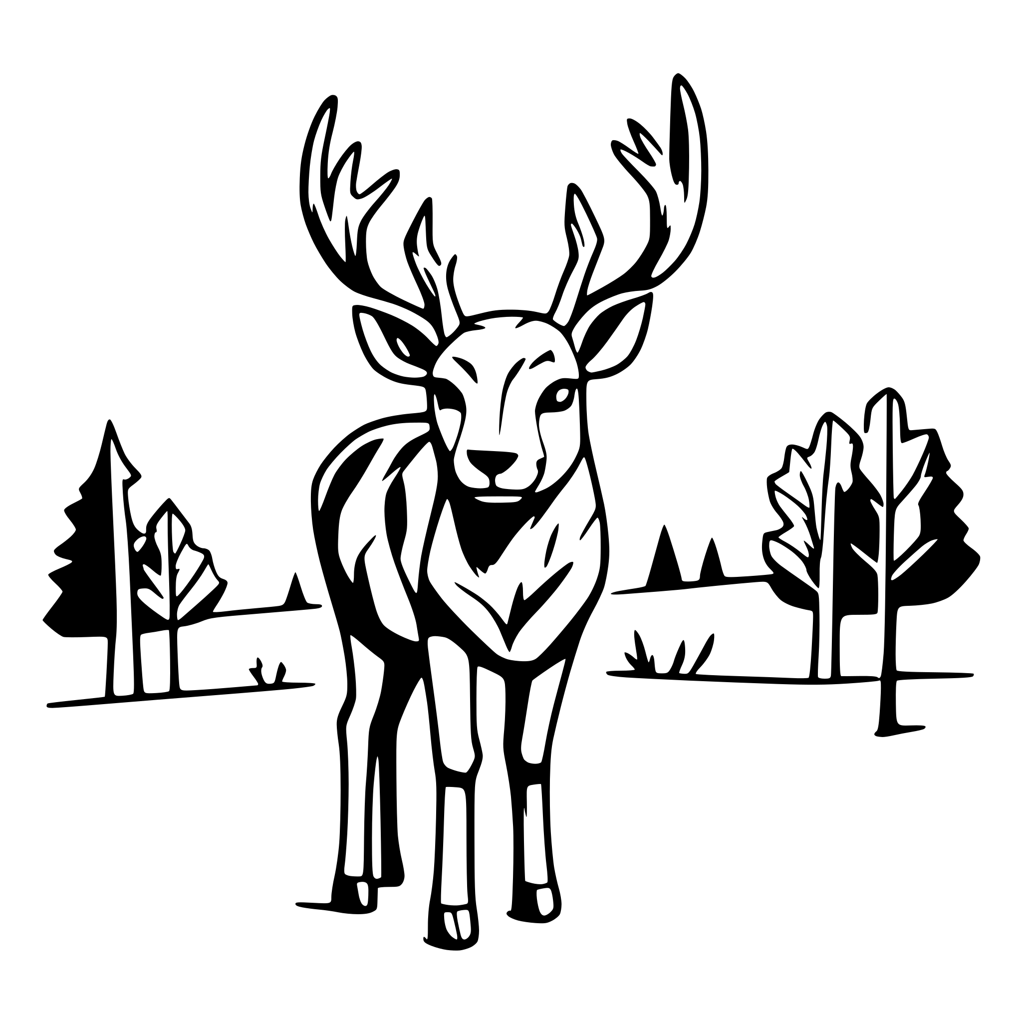 AI-generated SVG of a buck deer in field with trees and mountains in background
