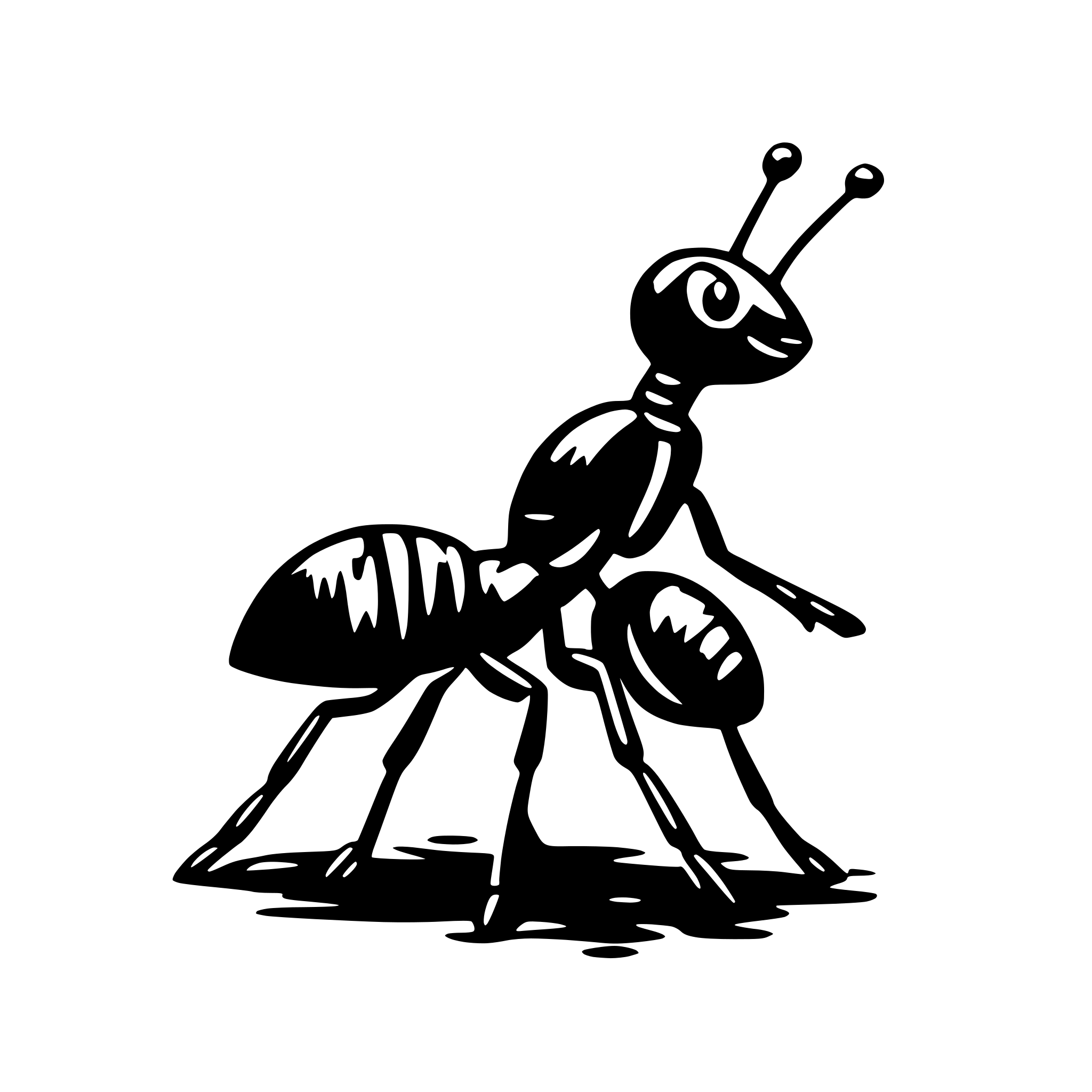 The SVG depicts a stylized black and white illustration of a beetle. The beetle is standing on its hind legs, with its front legs extended forward. It has two antennae on its head and two elongated oval-shaped eyes. The beetle's body is oval with a slightly darker color, and it has a pair of wings that are folded along its back. The legs are segmented, with the front legs being longer than the hind legs. The beetle appears to be facing towards the right side of the SVG. The style of the illustration is simple and cartoonish, with bold outlines and minimal shading. 