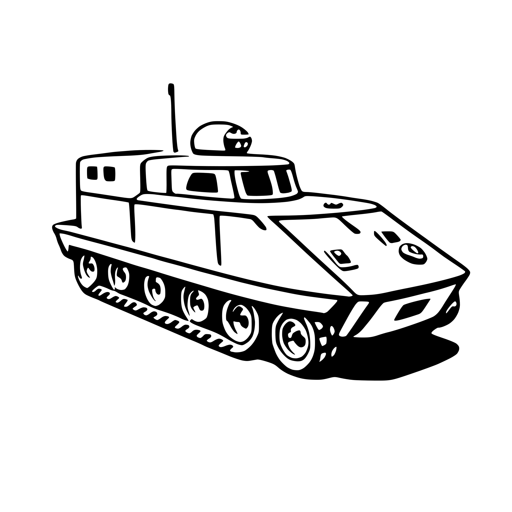 The SVG depicts a simplistic, stylized tank. It has a rectangular body with a rounded front and a flat top. There are two visible tracks on the bottom, suggesting movement. The tank has a turret on top, which is a common feature on tanks for mounting a main gun. The turret has a small, rounded structure on top, which could be a sighting device or a communication antenna. The tank is shown in a side view, with the front facing to the right. There are no visible texts or additional details in the SVG. The style is minimalistic, with no shading or textures, focusing on the basic shapes and outlines of the tank. 