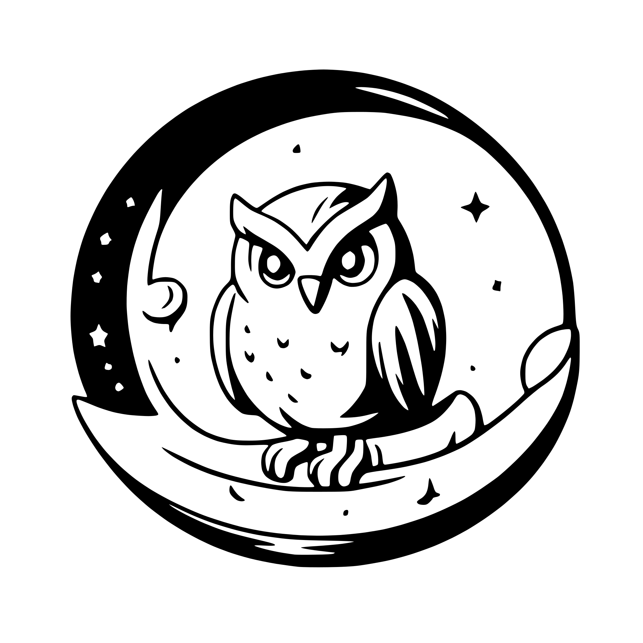 AI-generated SVG of a a sleepy owl perched on a crescent moon