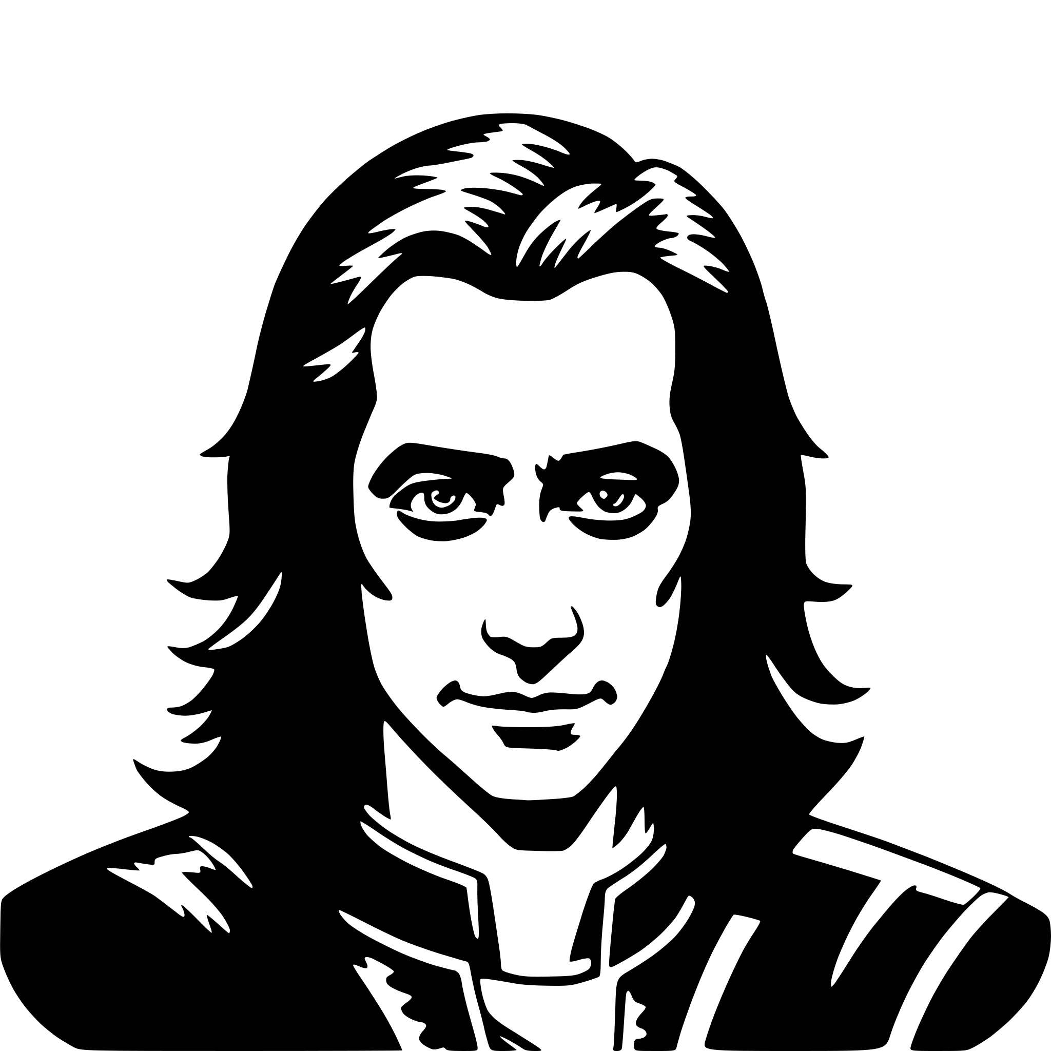 The SVG depicts a stylized portrait of a person with long hair and a serious expression. The person is wearing what appears to be a dark jacket or shirt with a collar. The hair is styled in a way that it falls over the shoulders and is parted in the middle. The facial features are detailed, with the person's eyes looking directly at the viewer, and the lips are closed. The overall style of the SVG is graphic and simplistic, with solid black lines and no shading or gradients. 