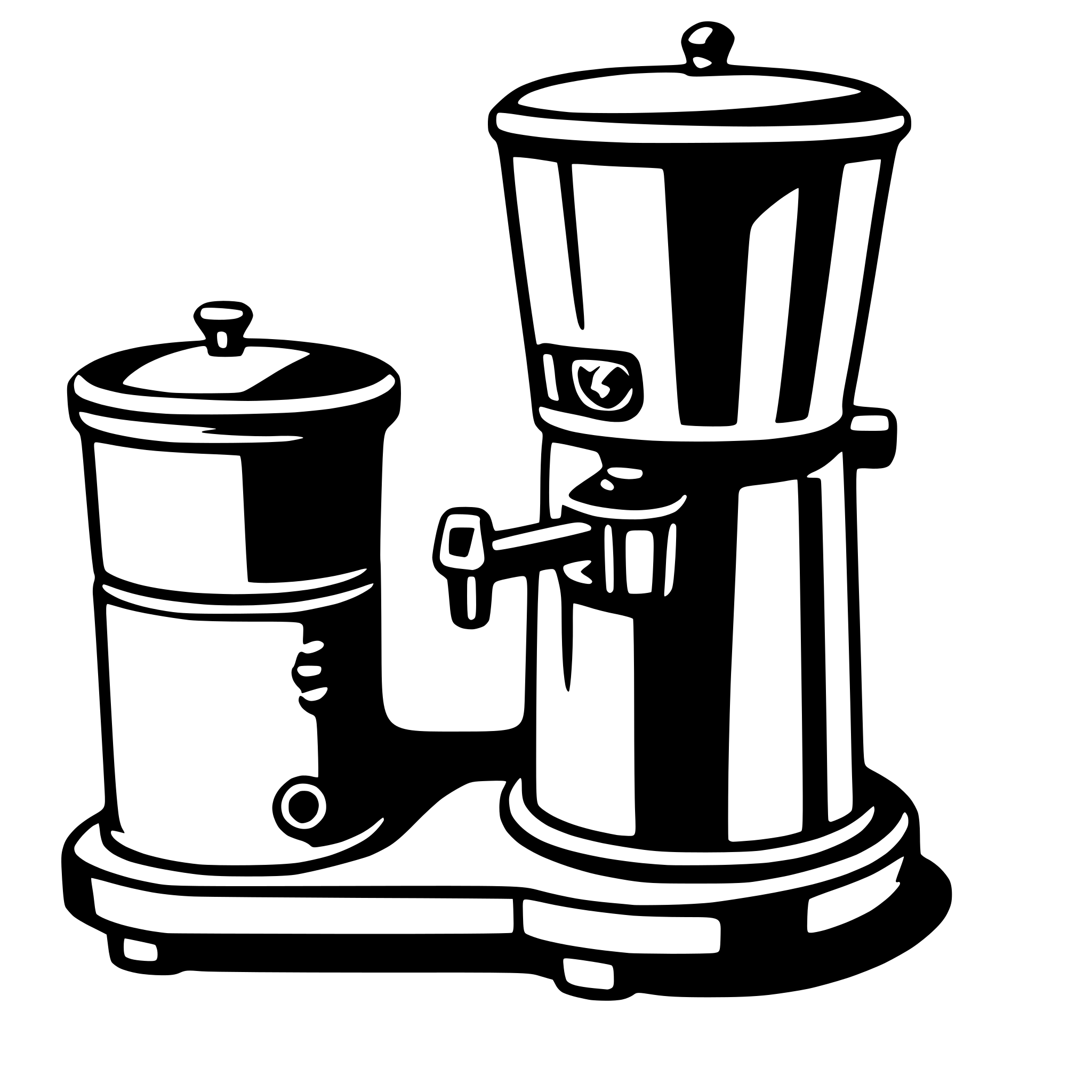 The SVG depicts a simple, stylized coffee maker with two main components: a water reservoir and a coffee pot. The water reservoir is on the left side, and it appears to have a spout at the bottom, which is likely used to pour water into the coffee pot. The coffee pot is on the right side and has a handle on the top, suggesting that it is designed to be lifted and poured. The two components are connected by a vertical rod, which is probably a pipe or a tube that transfers water from the reservoir to the coffee pot. The design is minimalistic and does not include any additional details or text. 