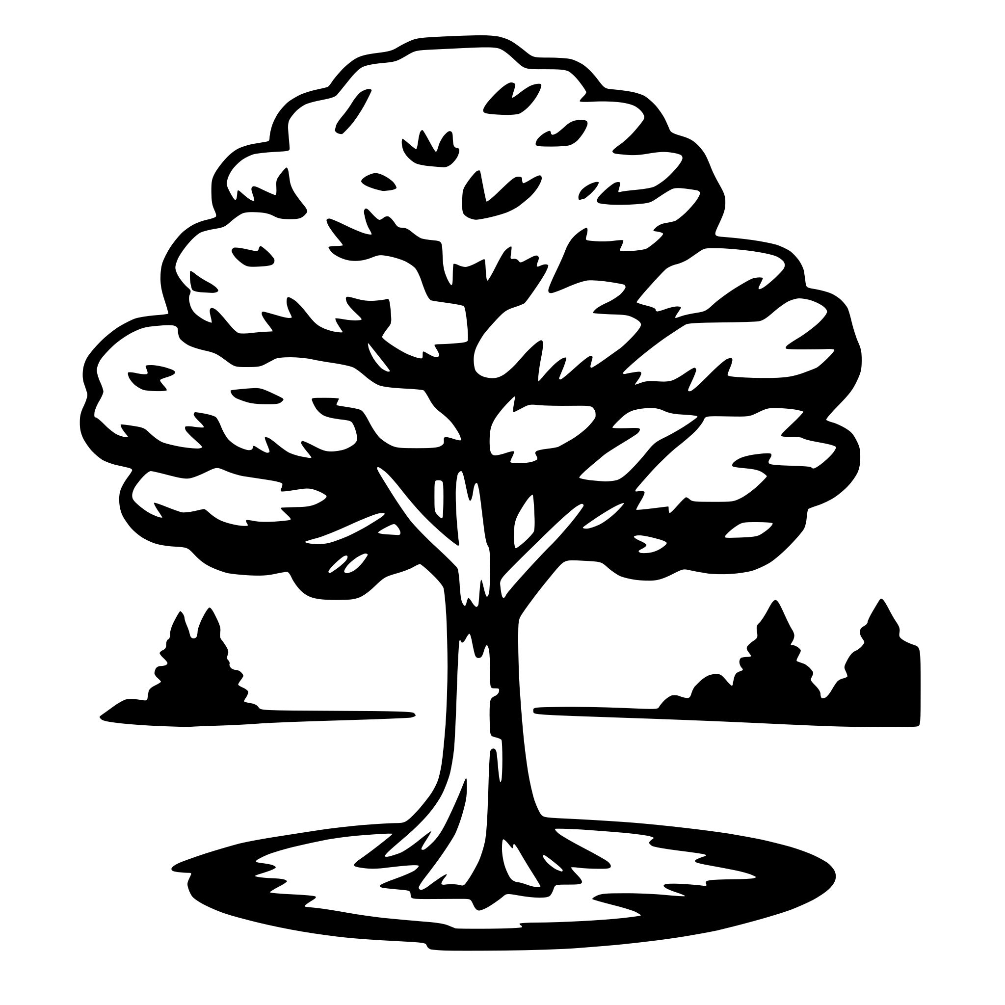 The SVG features a stylized tree with a thick trunk and a full canopy of branches and leaves. The tree is set against a simple background that includes a horizon line and silhouettes of two trees or bushes on the right side. The style is minimalistic and appears to be a logo or icon design. The tree is the central focus, with the background elements providing context and suggesting a natural setting. 