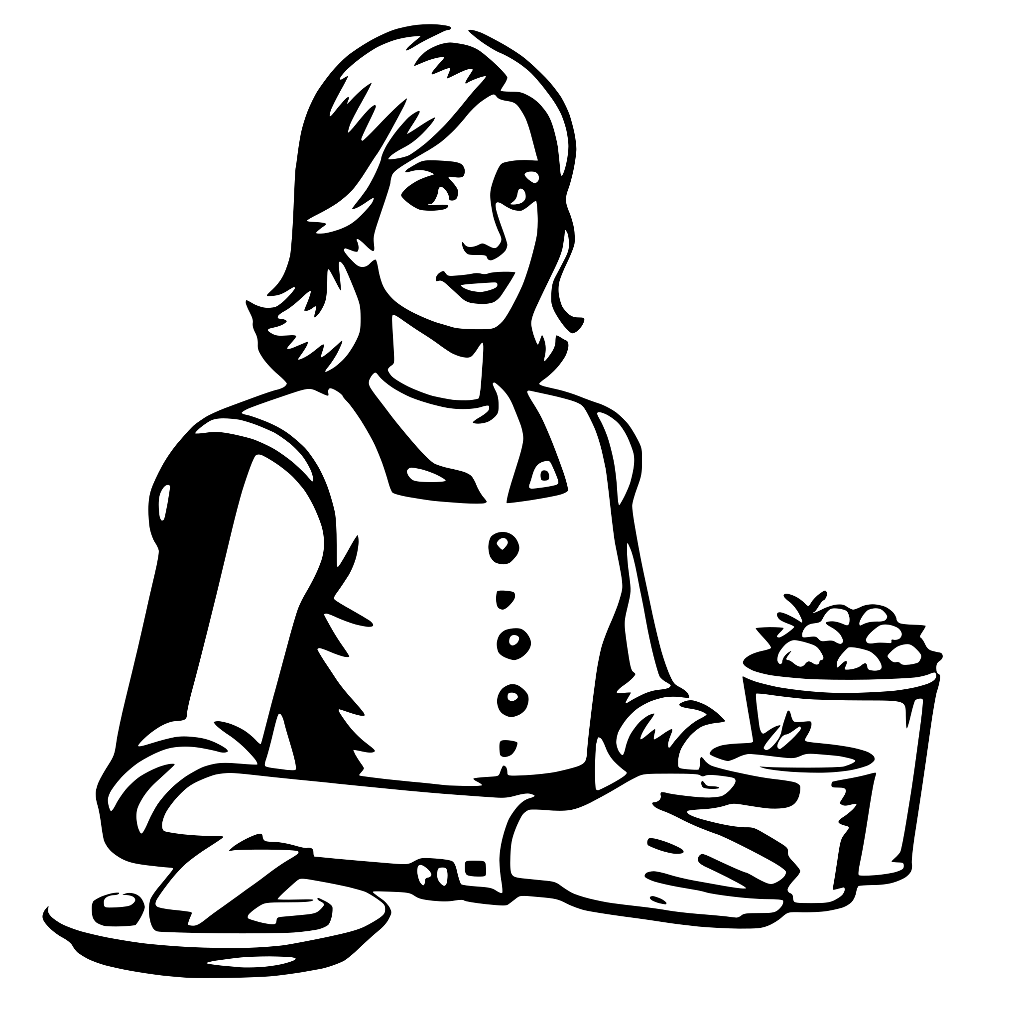 The SVG depicts a stylized illustration of a woman sitting at a table. She is wearing a white apron and has short hair. The woman is holding a plate with a sandwich and a cup of what appears to be coffee or tea. In front of her, there is a bowl containing what looks like fruit, possibly berries. The woman is smiling and seems to be in a relaxed or welcoming pose. The overall style is simple and cartoonish, with clean lines and minimal shading. 