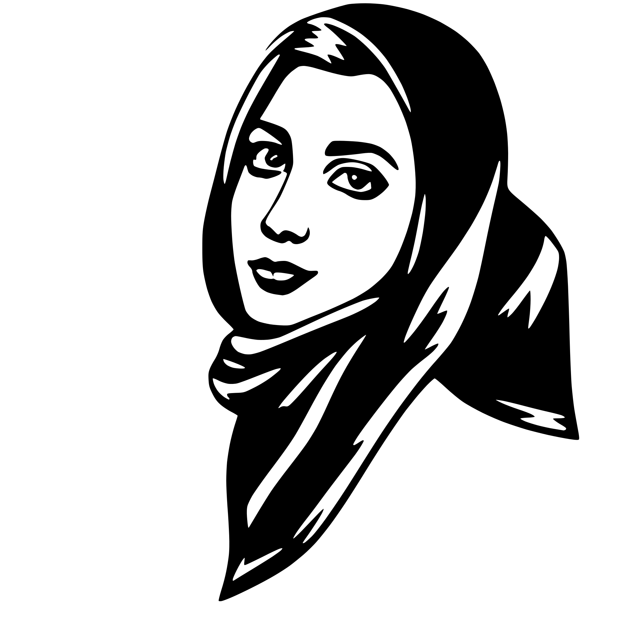 The SVG depicts a stylized black and white illustration of a woman's face. The woman is wearing a hijab that drapes over her shoulders and covers her hair. Her facial features are visible, including her eyes, nose, and lips. The style of the illustration is simplistic and appears to be a graphic or icon rather than a detailed portrait. The SVG does not contain any text or additional objects, and the focus is solely on the woman's face. 