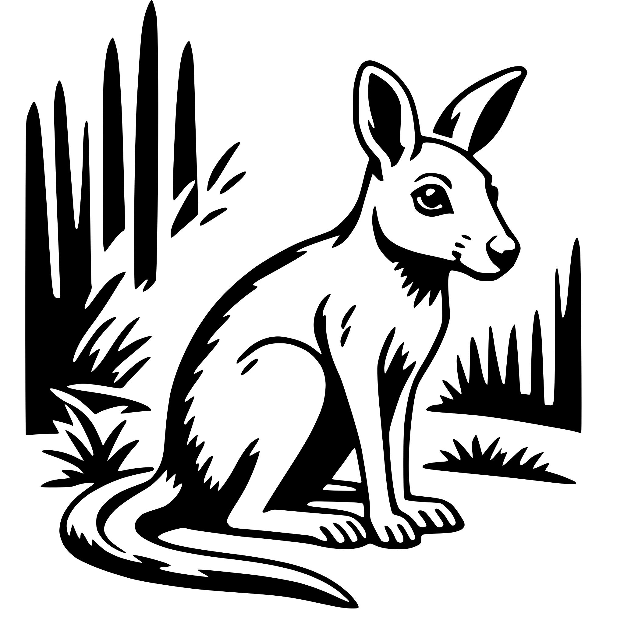 The SVG depicts a stylized black and white illustration of a kangaroo. The kangaroo is sitting upright with its hind legs tucked under its body and its front paws resting on the ground. It has a long, curved tail that extends behind it. The background features silhouettes of tall grasses or plants, suggesting a natural, outdoor setting. The kangaroo's ears are pointed upwards, and it has a simple, cartoon-like facial expression with large, round eyes and a small, triangular nose. The SVG has a clean, graphic quality, with bold outlines and minimal shading. 