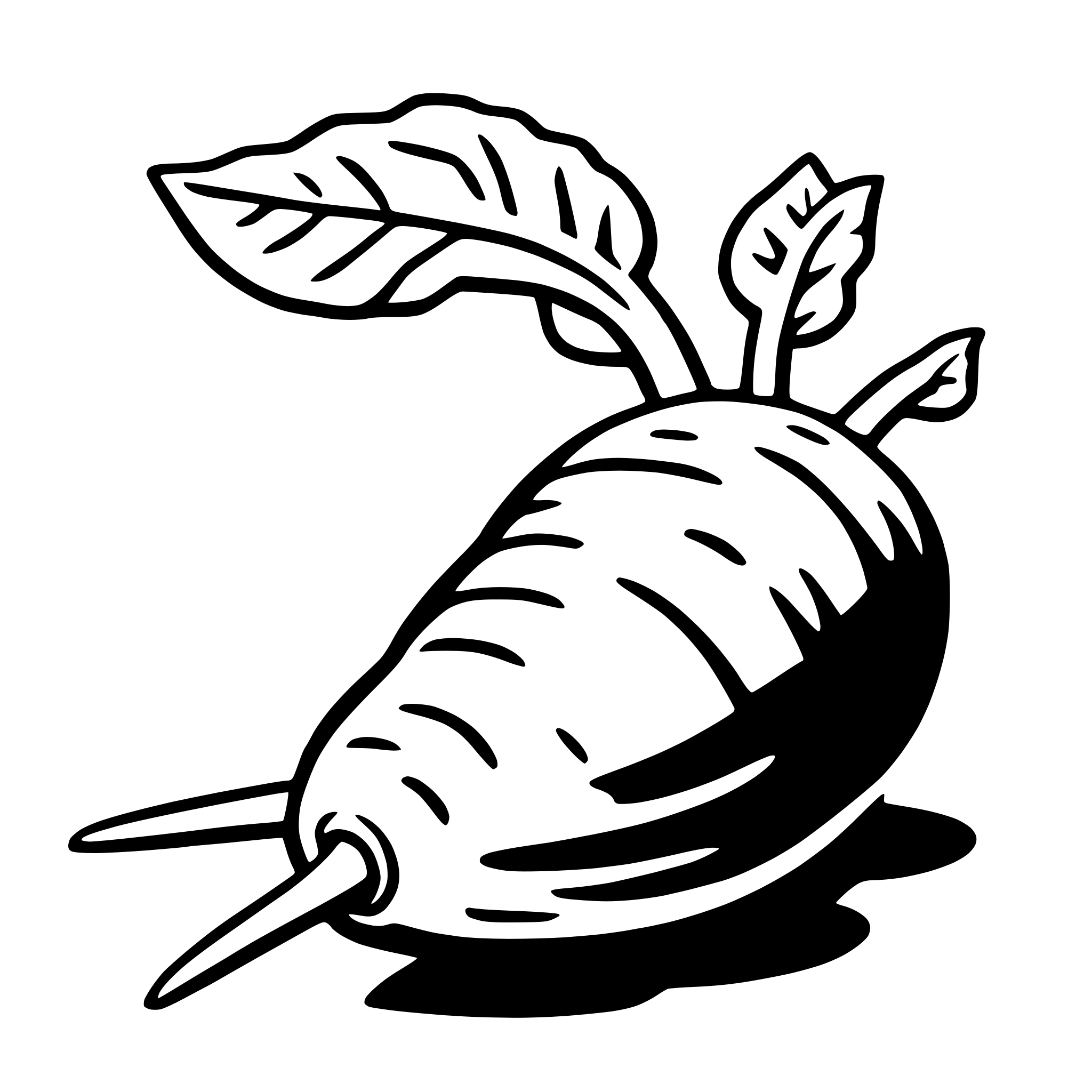 The SVG depicts a stylized, cartoon-like illustration of a carrot with a leaf attached to its top. The carrot is elongated with a smooth, curved surface, and it has a pointed end. The leaf is drawn with a simple outline, showing the typical lobed structure of a carrot leaf. The carrot is positioned on a surface, and the shadow beneath it suggests a light source from above. The SVG is simple and uses minimal detail to convey the subject matter. 