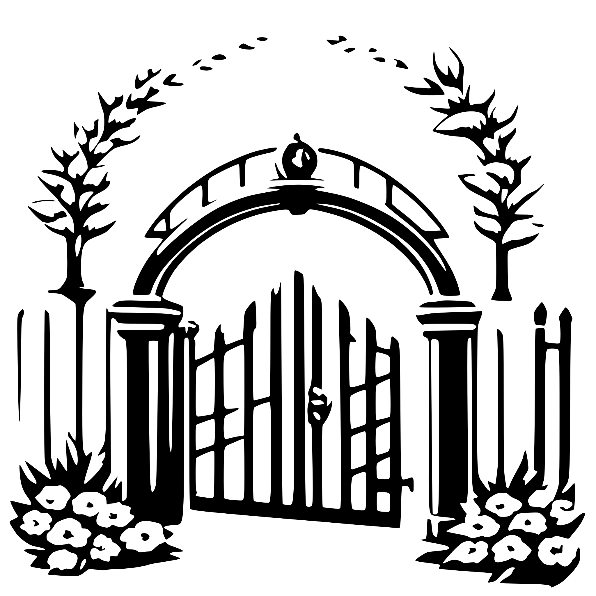 AI-generated SVG of a a romantic gate with flower wreaths