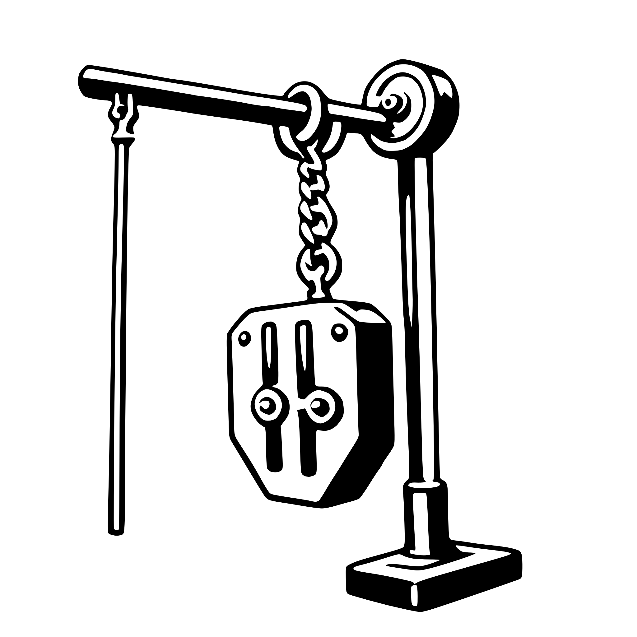 The SVG shows a simple mechanical device, which appears to be a type of pulley system. It consists of a vertical bar with a chain looped around it, and a horizontal bar with a weight attached to it. The vertical bar is connected to the horizontal bar by a chain, suggesting that the weight can be lifted or lowered by pulling or releasing the chain. The design is minimalistic and does not include any additional details or text. 