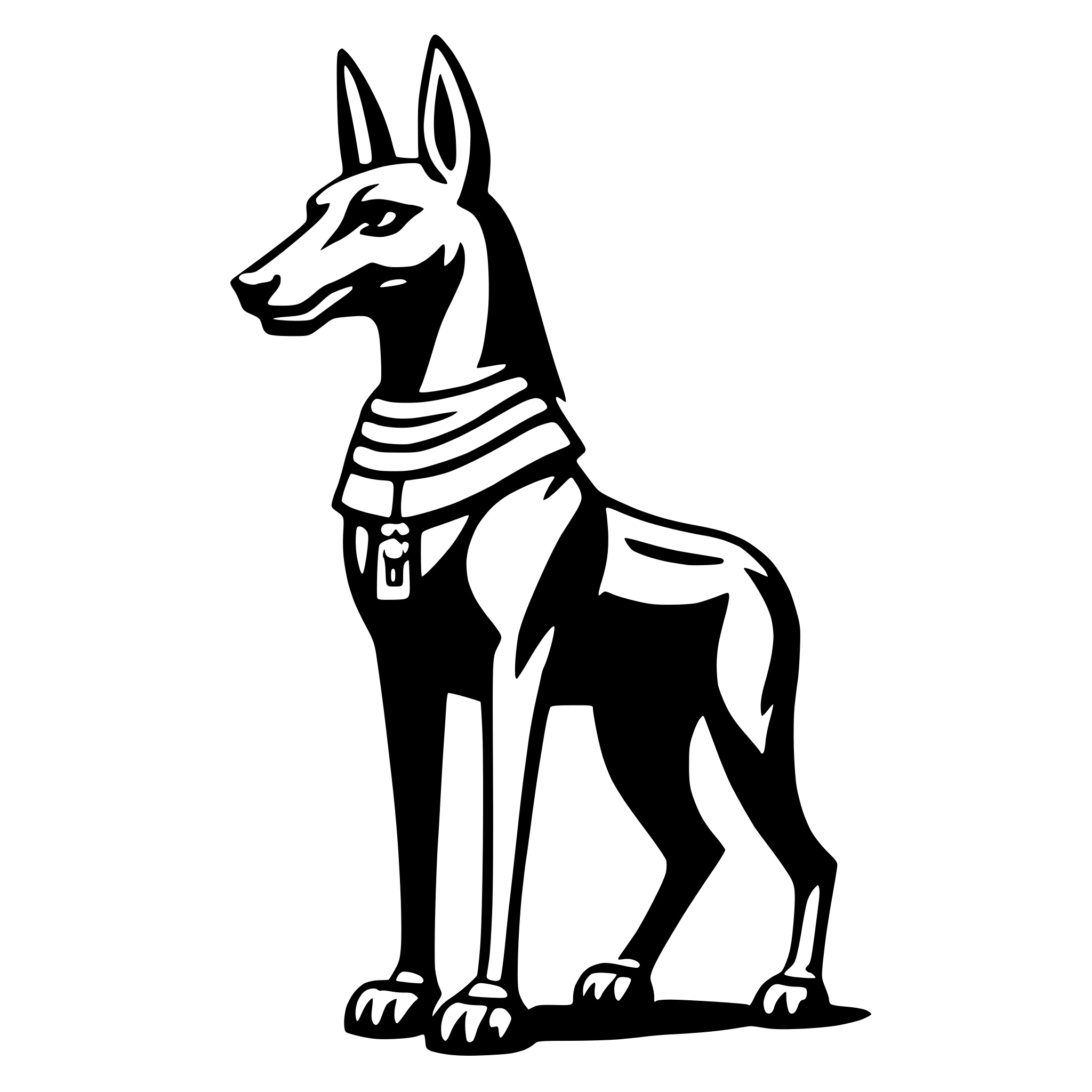 The SVG depicts a stylized, anthropomorphic dog standing upright on its hind legs. The dog has a human-like posture, with its front paws raised as if it is wearing a collar or a garment. It has a distinctly Egyptian or pharaonic appearance, with a collar that features a pendant or amulet, which is a common motif in Egyptian art. The dog's ears are pointed upwards, and it has a stern or regal expression. The SVG is simple and uses solid black lines against a white background, which gives it a clean and modern look. 
