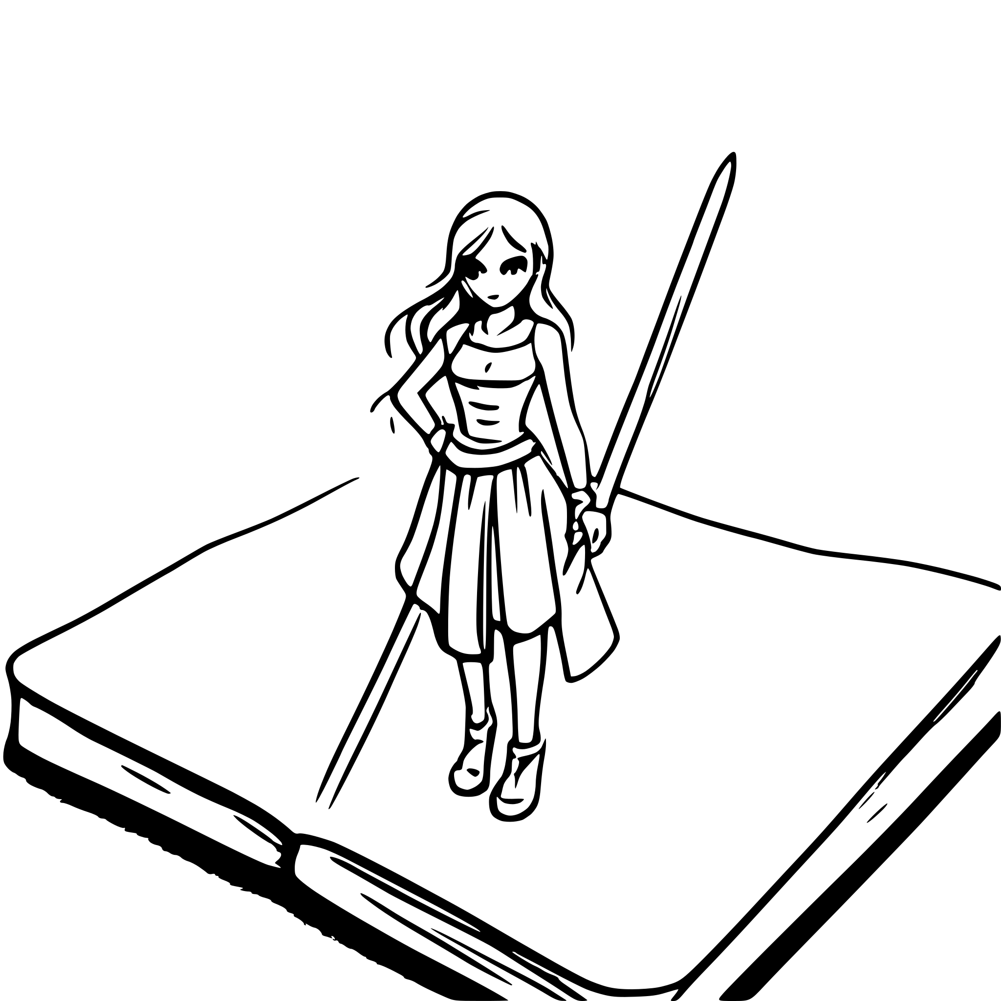 AI-generated SVG of a a heroine holding a sword standing on top of a huge opened book, light like a sun over book