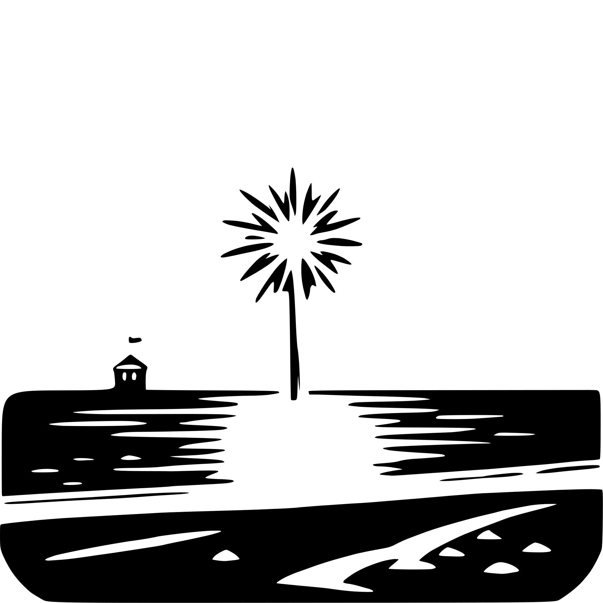 The SVG depicts a stylized landscape scene. In the foreground, there is a wavy line that represents a body of water, possibly a river or a lake. On the right side of the SVG, there is a tall, thin tree with a starburst shape at its top, which could be a representation of a tree with a bright light or a star at its peak. To the left of the tree, there is a small, simple structure that resembles a house or a small building. The background is plain and does not provide any additional context or details. The overall style is minimalistic and abstract, using simple shapes and lines to convey the scene. 