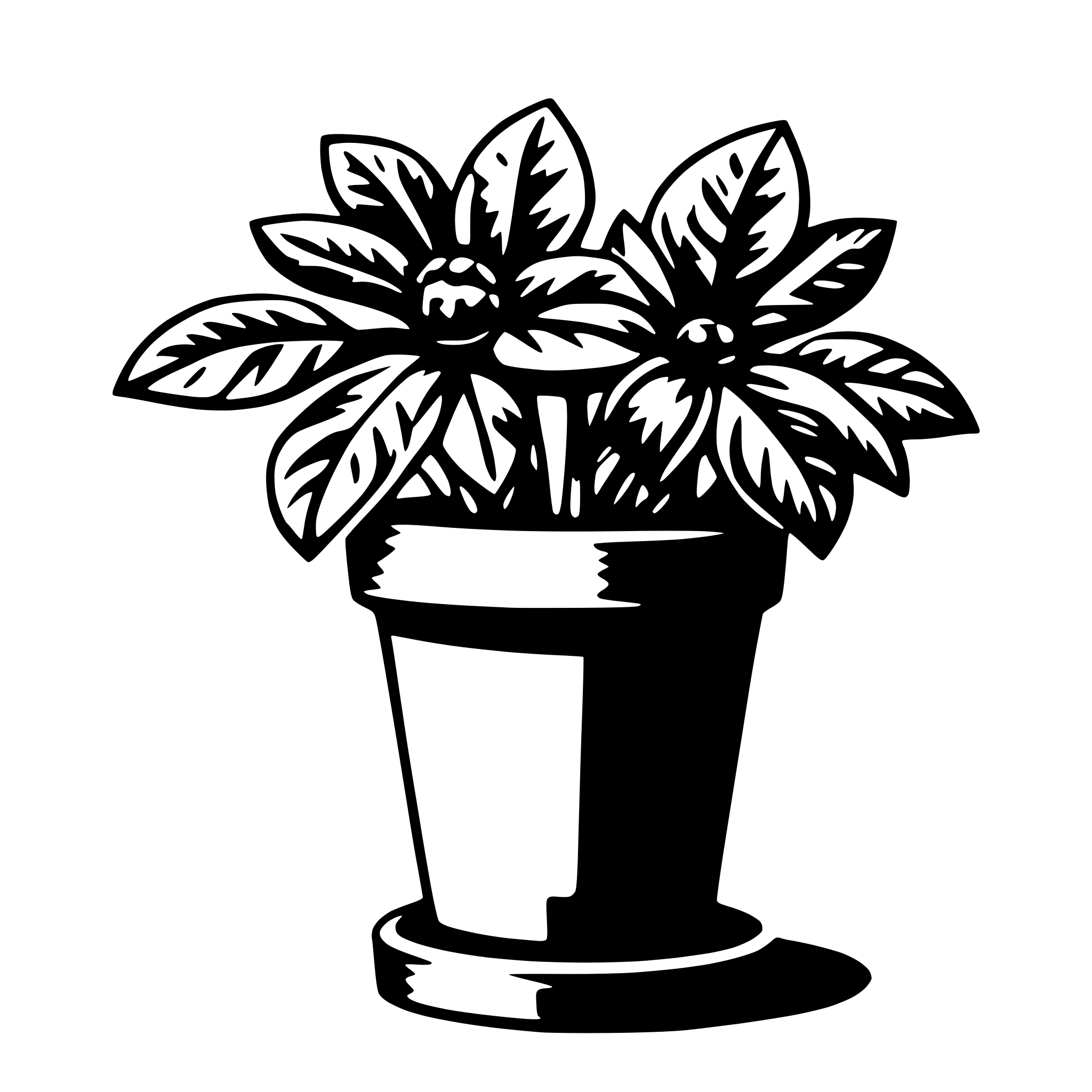 The SVG shows a stylized black and white illustration of a potted plant. The plant has multiple leaves and what appears to be a small flower or bud at the top. The pot has a simple, rounded shape with a flared opening at the top, and there is a small detail that could be interpreted as a handle or a decorative element on the side of the pot. The background is plain and does not interact with the plant or pot. 