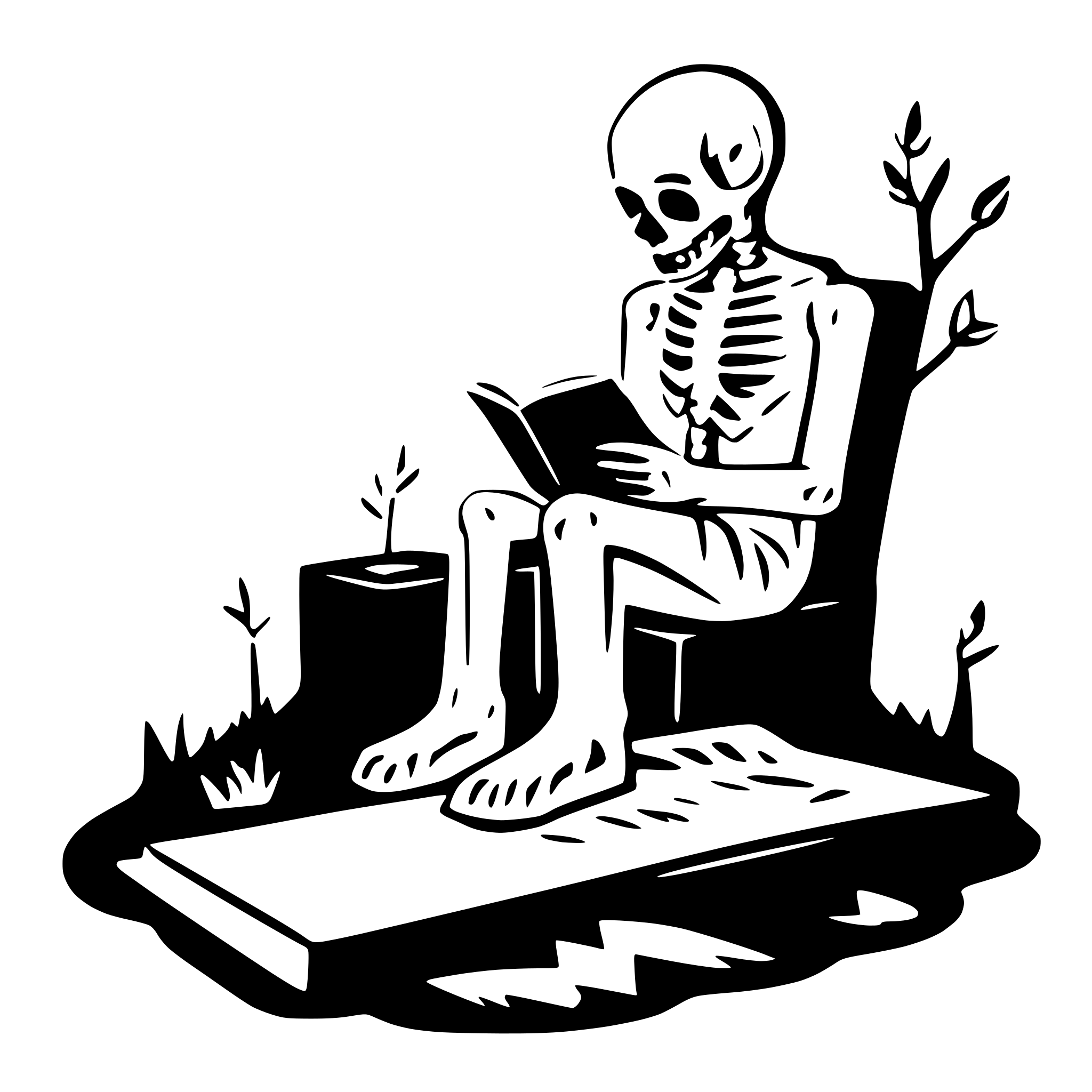 AI-generated SVG of a a skeleton sitting on a grave an reading