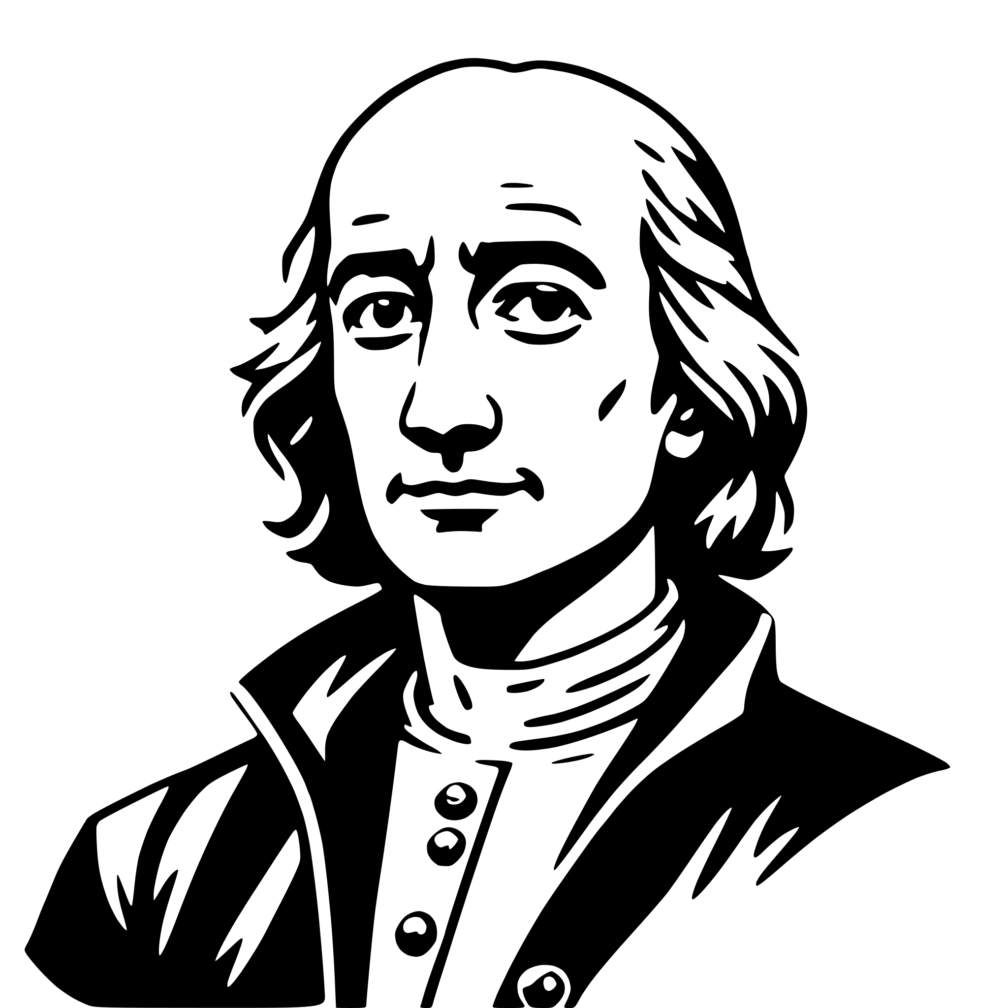 The SVG is a black and white vector illustration of a man's profile. The man has a bald head, a full beard, and sideburns. He is wearing a dark jacket with a high collar and a white shirt with a collar. The man is depicted with a neutral expression, looking slightly to the side. The style of the illustration is simplistic and cartoonish, with bold outlines and minimal shading. 