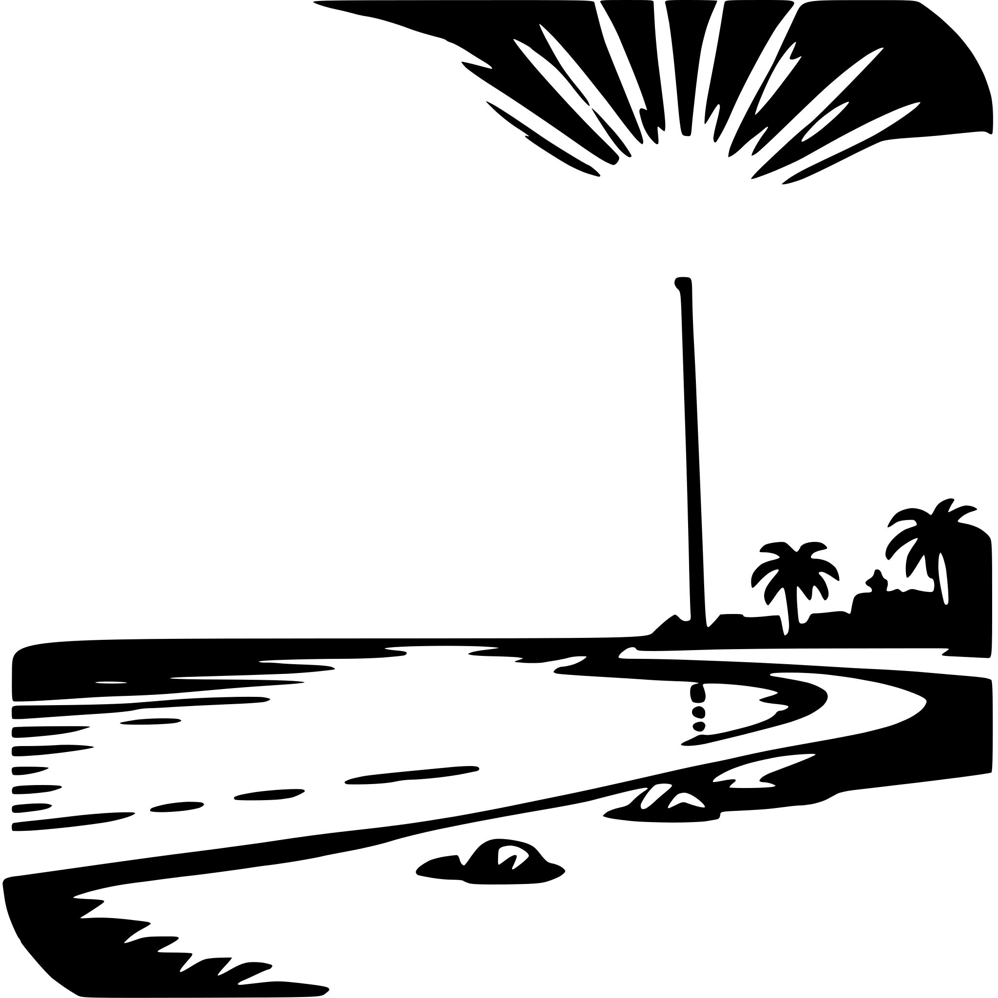 The SVG depicts a stylized beach scene. The main objects are a tall, thin structure that resembles a lighthouse or a pole, a body of water that could be an ocean or a large lake, and a few palm trees on the shore. The lighthouse or pole is positioned on the left side of the SVG, and it appears to be standing on a small patch of land. The water is depicted with gentle waves, and there are a few small rocks visible near the shore. The palm trees are on the right side of the SVG, and they are shown with a simple, silhouette-like design. The overall style of the SVG is minimalistic and graphic, with a limited color palette that emphasizes the shapes and forms of the objects. 