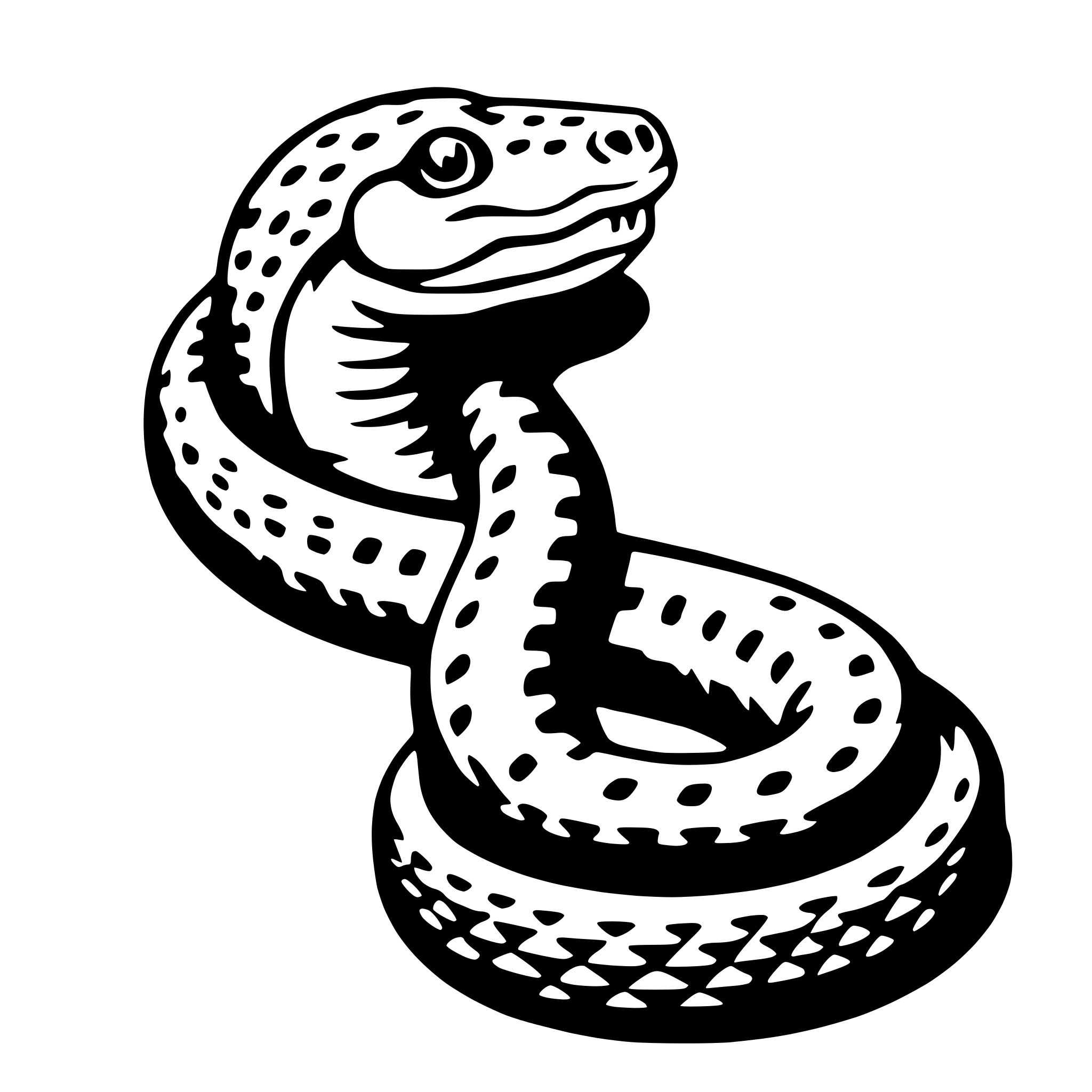 The SVG features a stylized snake with a coiled body. The snake is depicted with a patterned body, possibly representing scales, and its head is turned to the side, showing one eye and the mouth slightly open. The snake is wrapped around itself, creating a circular form. The SVG is simple and uses solid lines and shapes to define the snake's form. There is no interaction between objects as the snake is the sole subject in the SVG. 