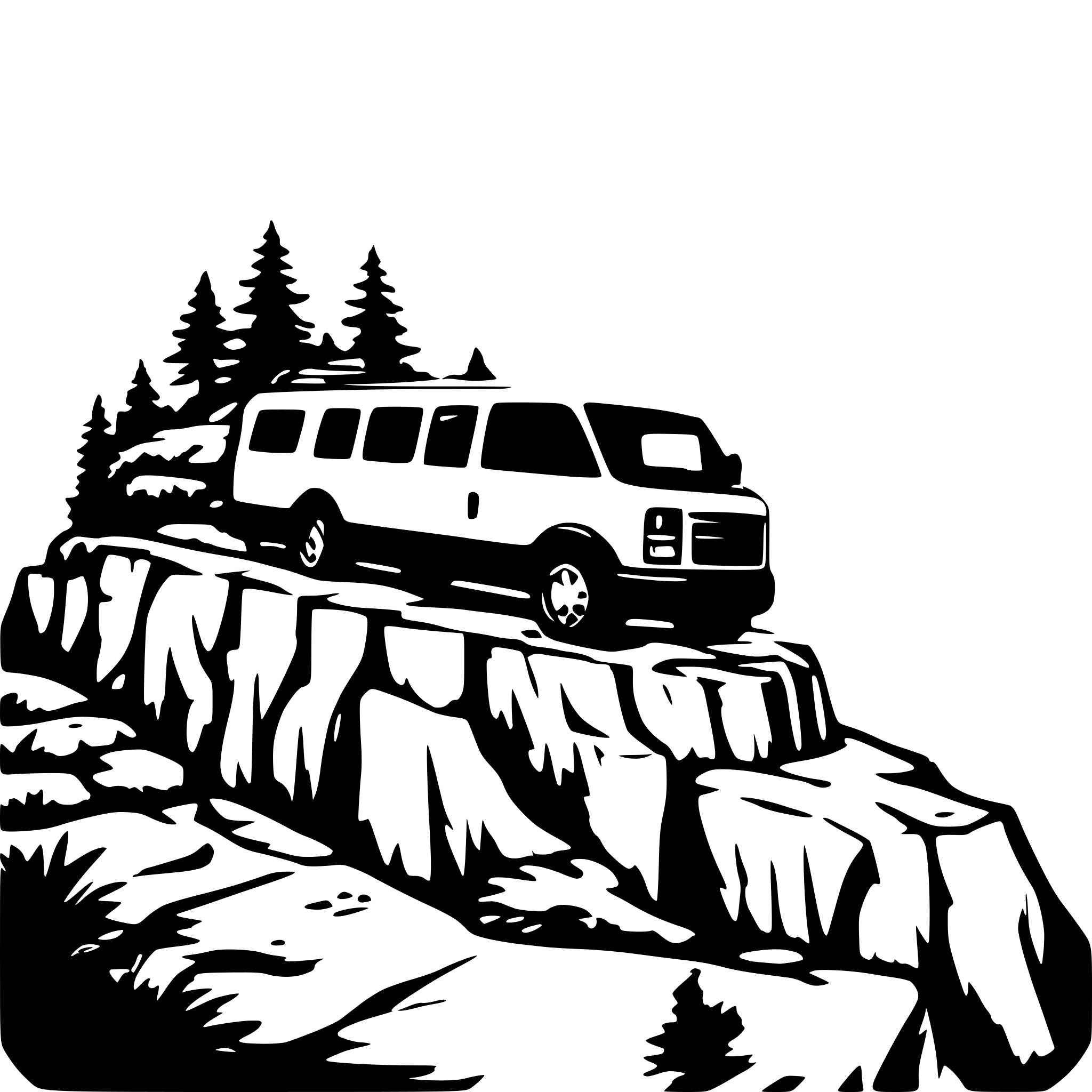 AI-generated SVG of a GMC savana on cliff peak with a beautiful valley below low angle view