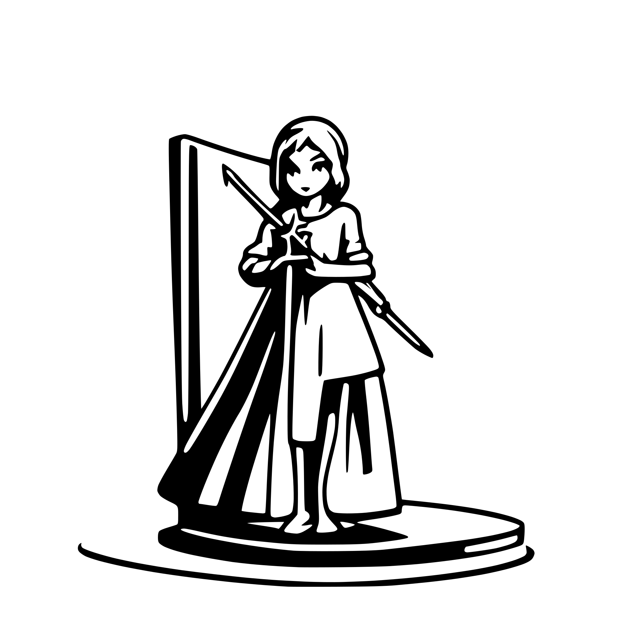 AI-generated SVG of 'a heroine holding a sword standing on top of a huge opened book, light like a sun over book'