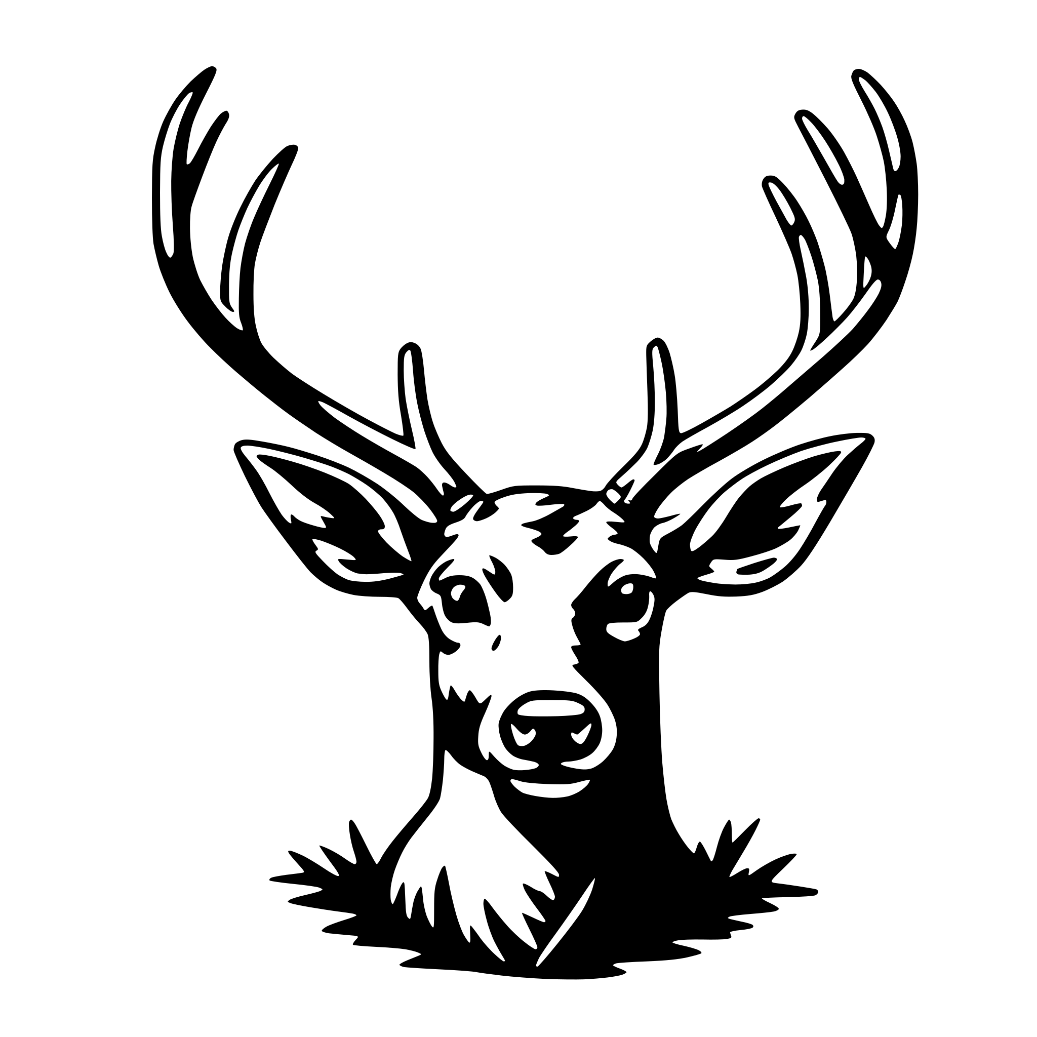 The SVG features a stylized depiction of a deer's head and upper neck. The deer has large, curved antlers that extend outward from the top of its head. Its ears are pointed upwards, and its eyes are alert and looking forward. The deer's nose is visible, and it has a simple, smooth outline with no additional details or textures. The background is plain and does not interact with the deer. The deer is the central focus of the SVG. 