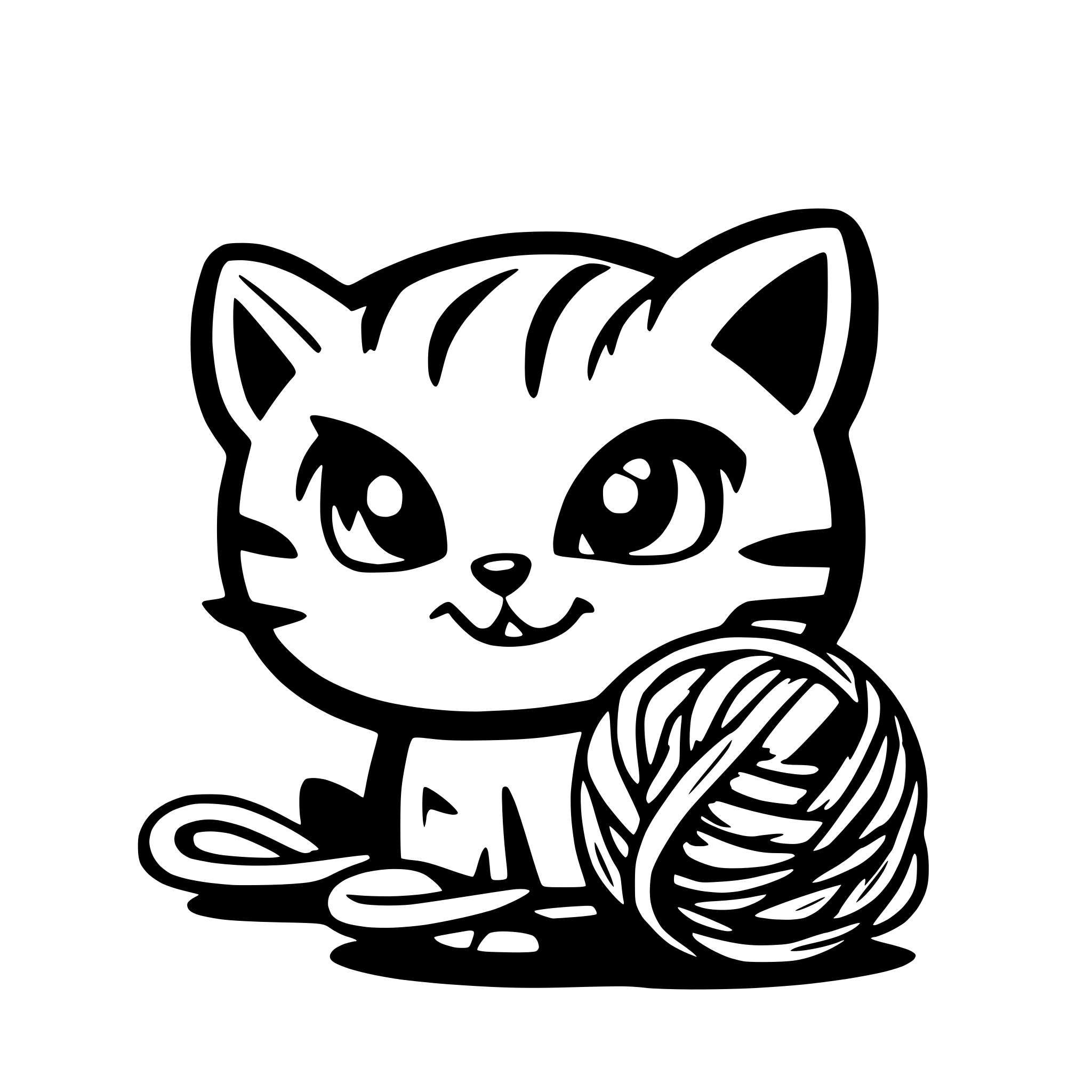 AI-generated SVG of a A cartoon-style, confused-looking cat staring at a partially unraveled ball of yarn, all in a vector art style with bright colors AI-generated SVG of a A cartoon-style, confused-looking cat staring at a partially unraveled ball of yarn, all in a vector art style with bright colors