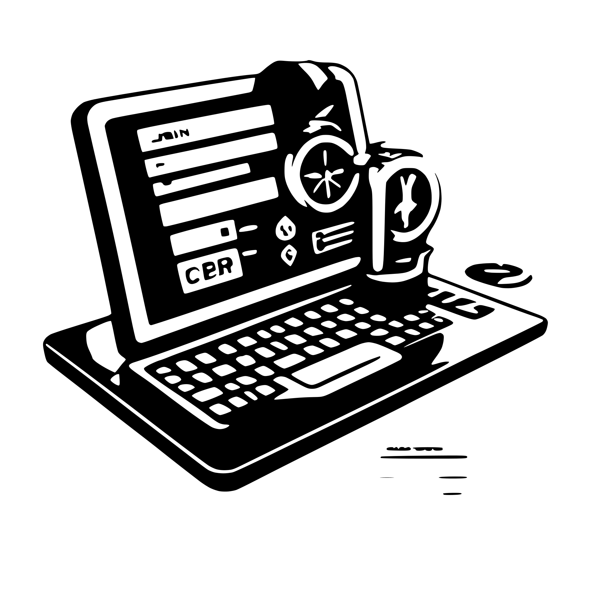 AI-generated SVG of 'A laptop displaying the SUBI dashboard, highlighting metrics like DSCR, ROI, and Payback Period. Surround the laptop with icons of a magnifying glass (analysis), handshake (negotiation), and clipboard (document generation).'