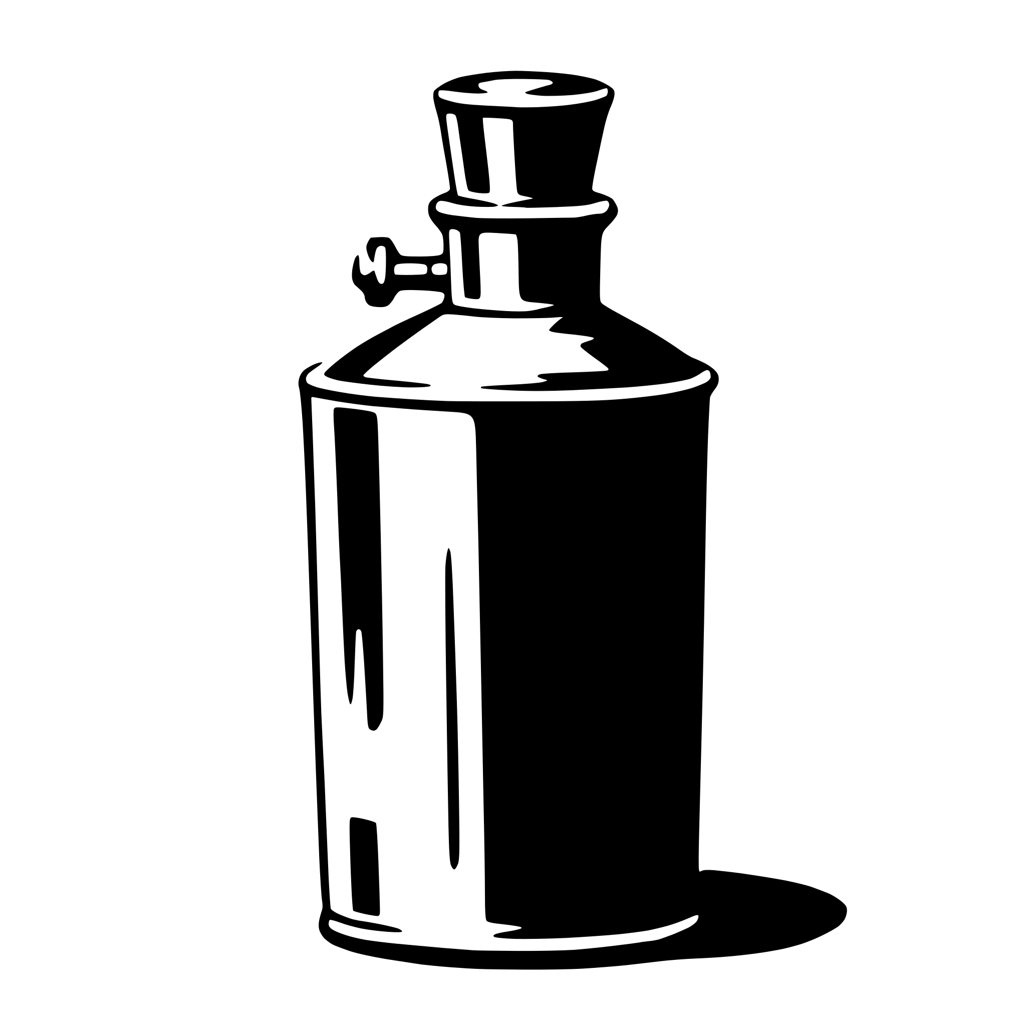 The SVG shows a simple line drawing of a bottle. The bottle has a cylindrical body with a narrower neck and a wider base. It has a flat top and a small indentation on the side, which could be a label or a decorative feature. The bottle is depicted in a three-quarter view, with the neck and top visible on the right side of the SVG. There are no texts or additional elements in the SVG. The style is minimalistic and uses solid lines without any shading or coloring. 