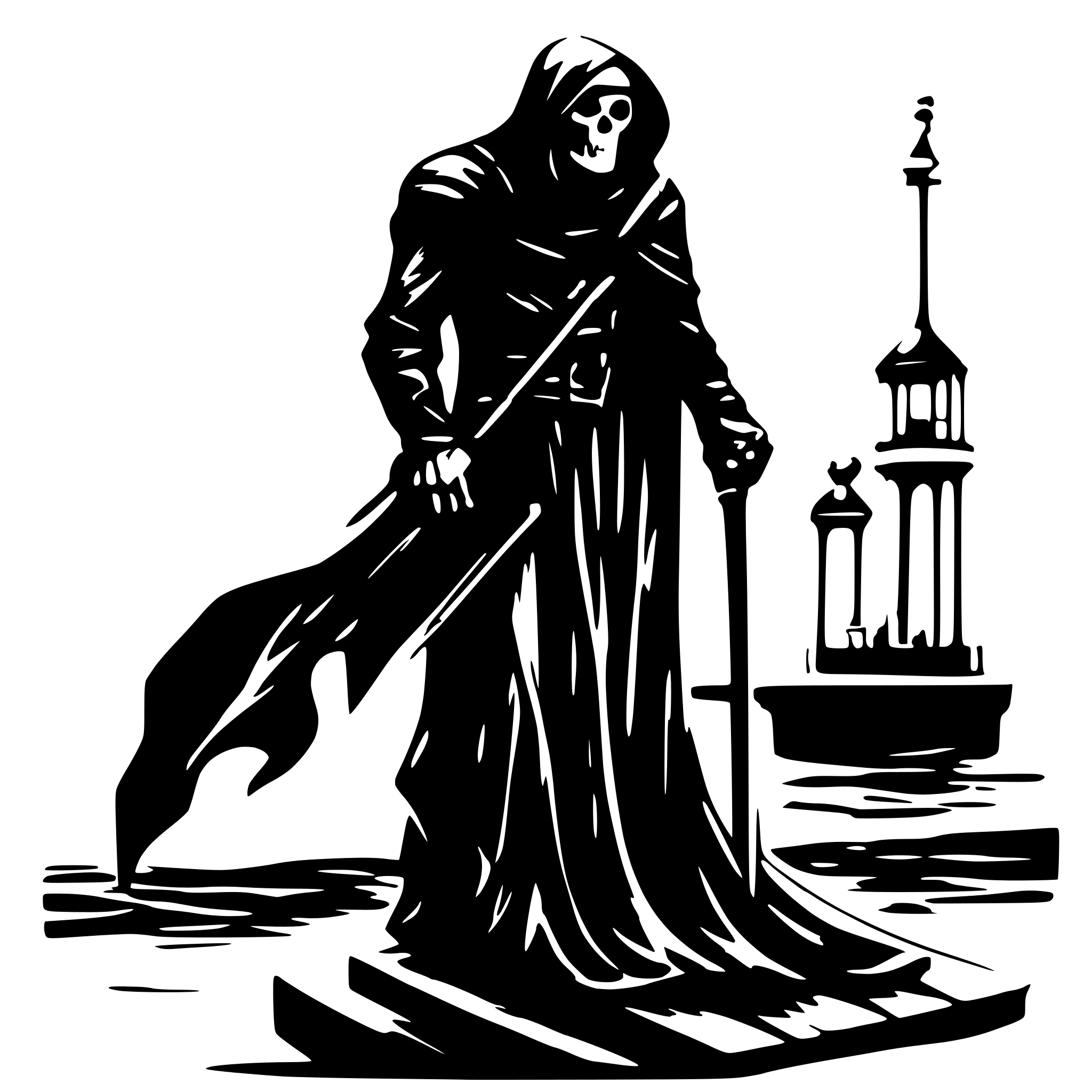 AI-generated SVG of a grim reaper on a pier