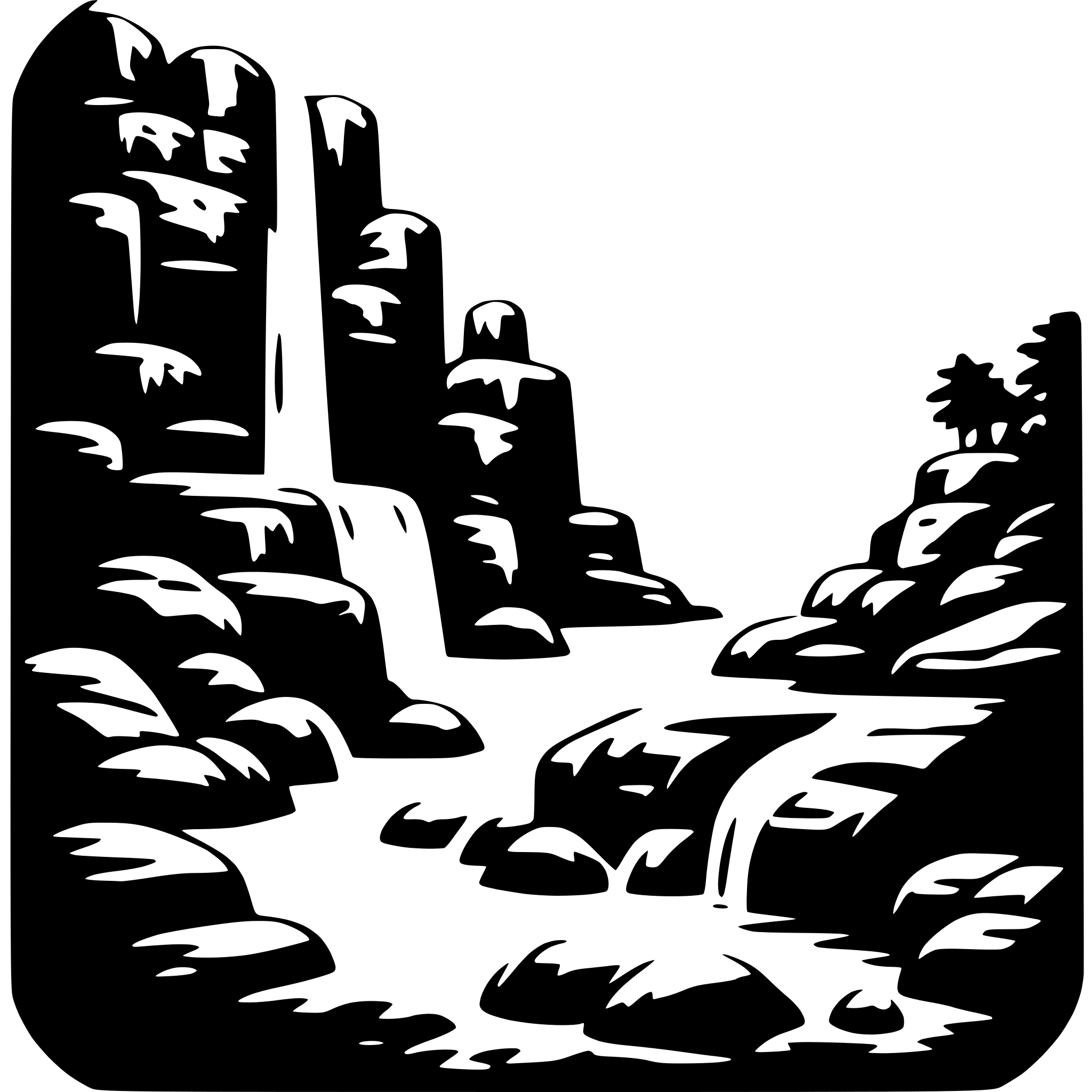 The SVG depicts a stylized landscape scene. The main objects are a waterfall cascading down a rocky cliff, with the water creating a misty effect at the bottom. The cliff is composed of jagged rocks and boulders, and there are trees on the right side of the SVG, suggesting a forested area. The waterfall is the central focus of the SVG, with the rocks and trees framing it. The overall impression is one of a natural, rugged environment. 