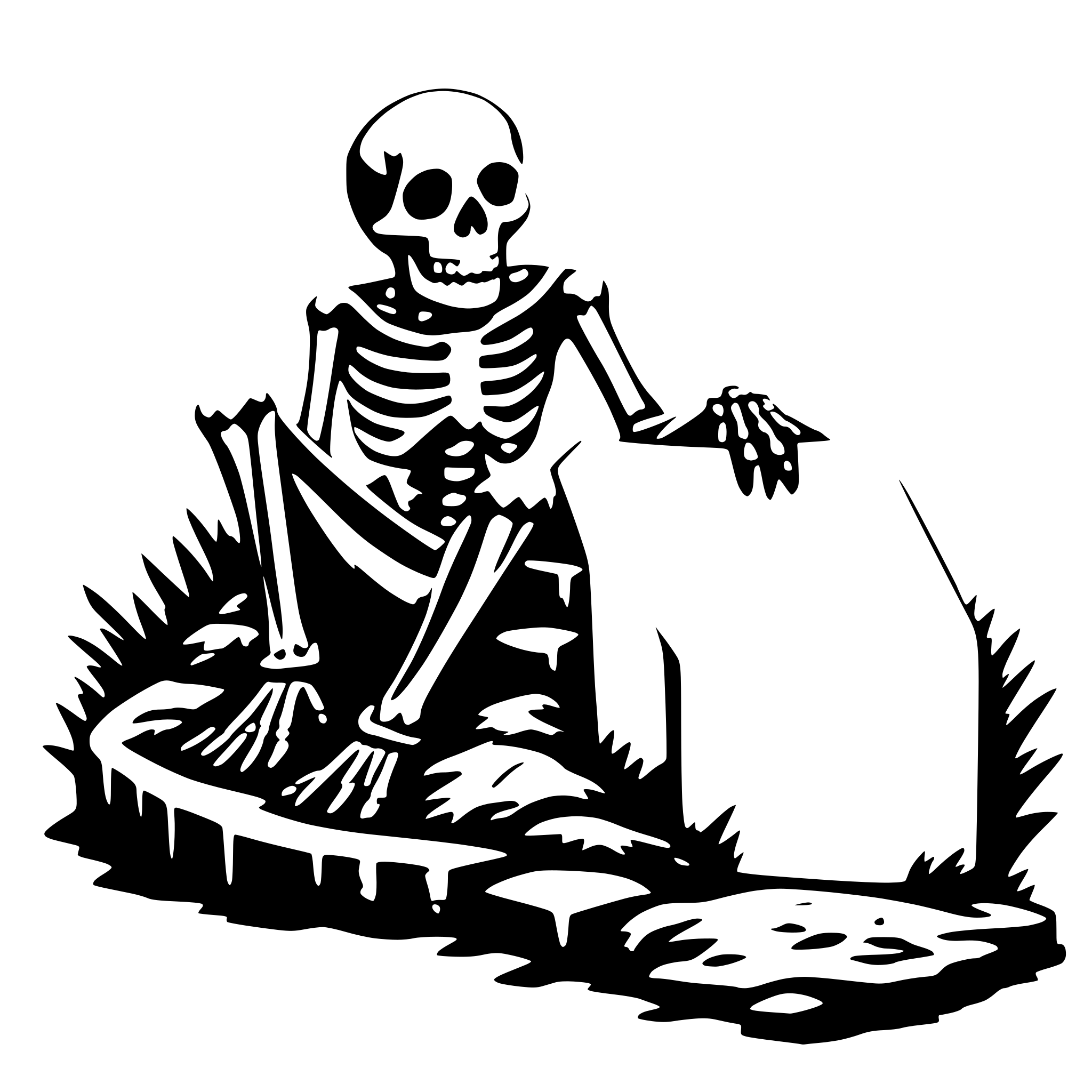 AI-generated SVG of a a skeleton climbs out of a grave with a book in his hand