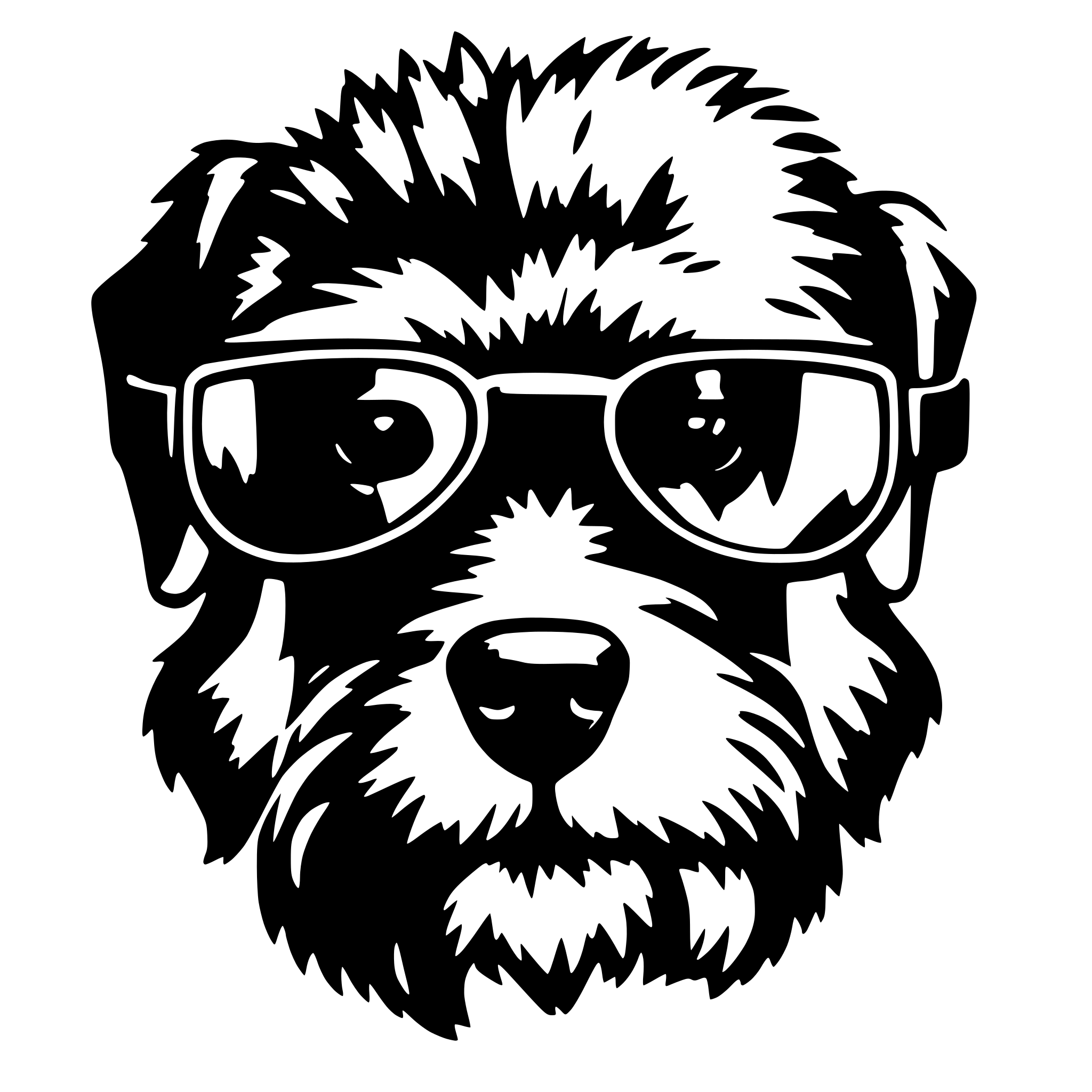 AI-generated SVG of 'face of a schnauzer dog wearing sunglasses that show palm trees in their reflection'