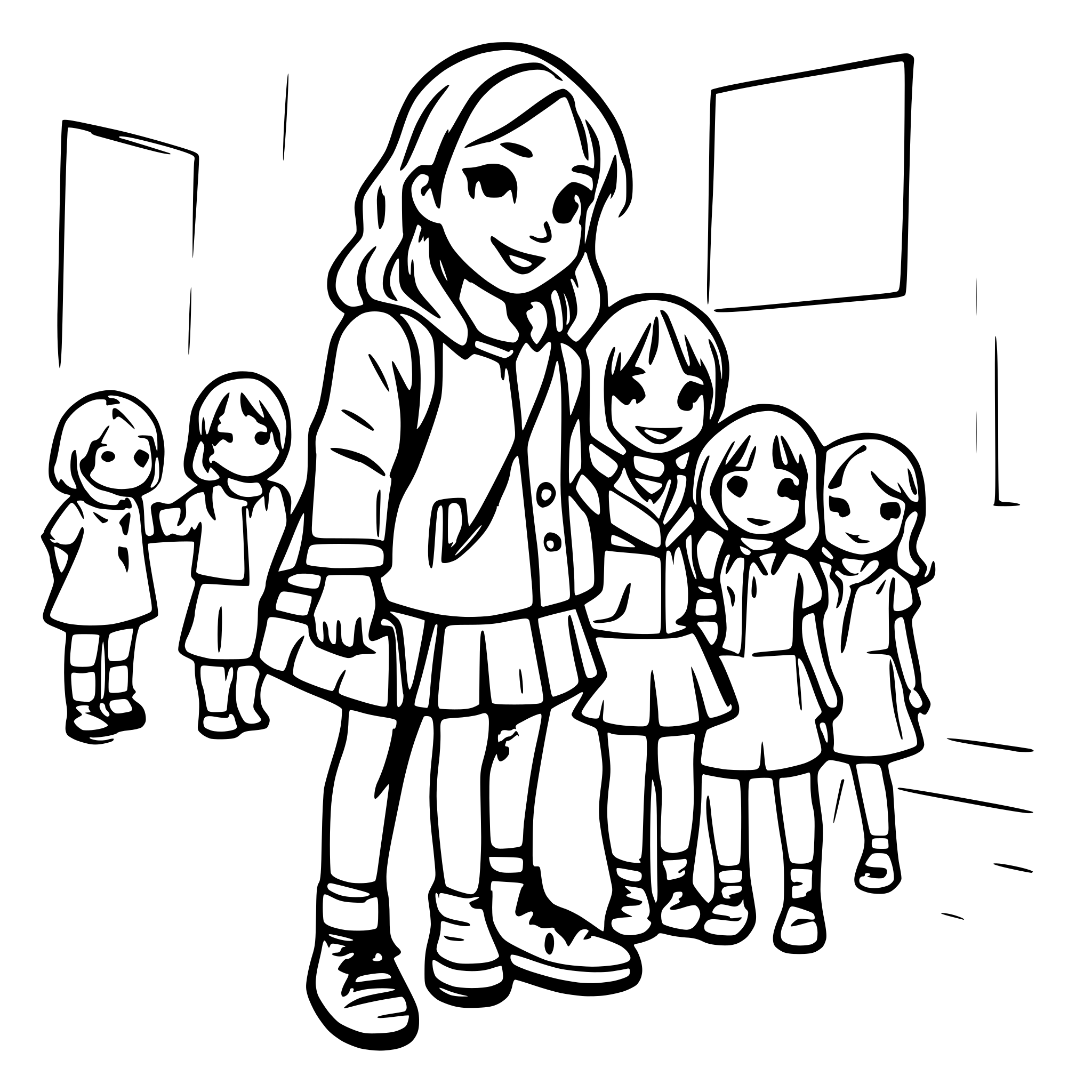 AI-generated SVG of a educator says goodbye to 8 children in the kindergarden