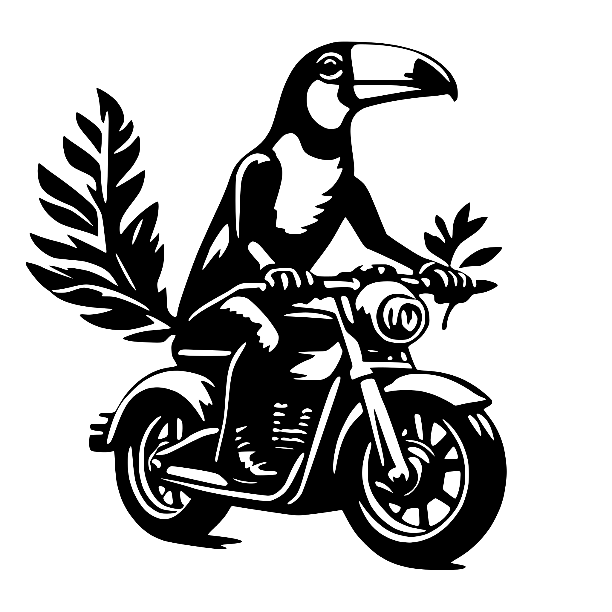 AI-generated SVG of a toucan riding a motorbike