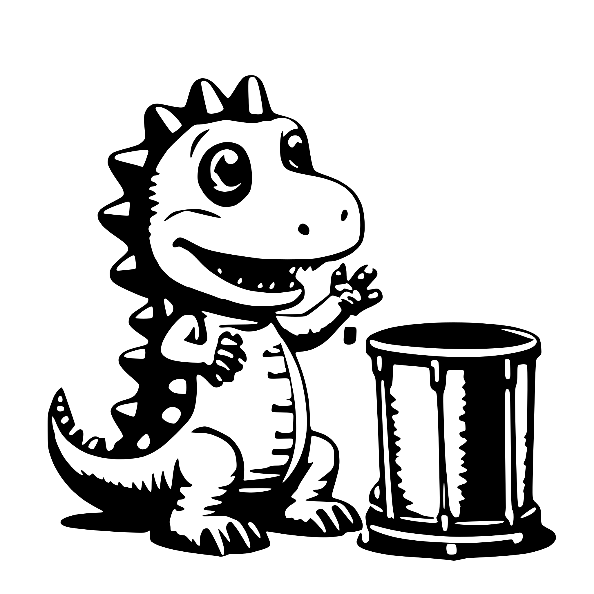 AI-generated SVG of a cute dino playing with drums