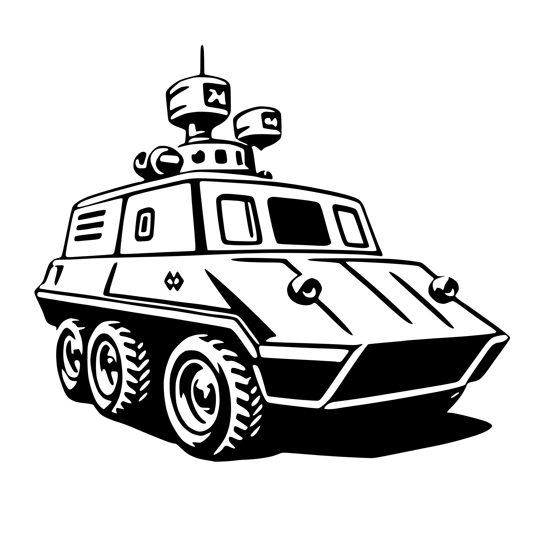 The SVG depicts a military-style tank. The tank has a prominent turret on top, which is likely the main armament. The turret is equipped with what appears to be a gun barrel, suggesting it is designed for firing projectiles. The tank has a hull with a flat frontal plate, which is typical for tanks to protect the crew and equipment. There are visible tracks on the bottom of the tank, indicating its mobility. The tank is shown in a side profile view, which is common for illustrations of military vehicles. The design is simplistic and schematic, with no additional details or textures that would suggest a specific model or era. 