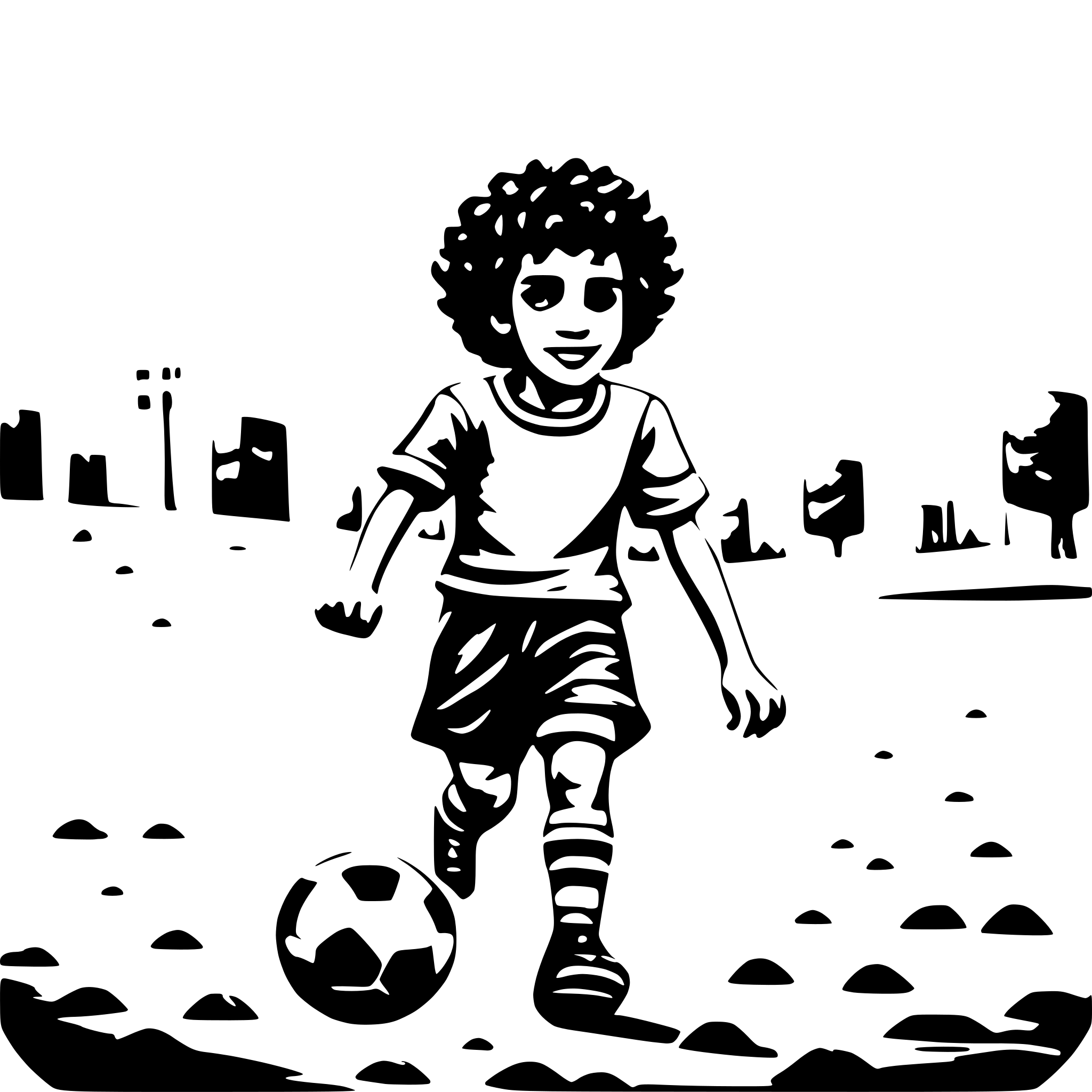 AI-generated SVG of a A cute little boy, with curly hair, playing soccer with his friends on the dirt field of their neighborhood in Iran.