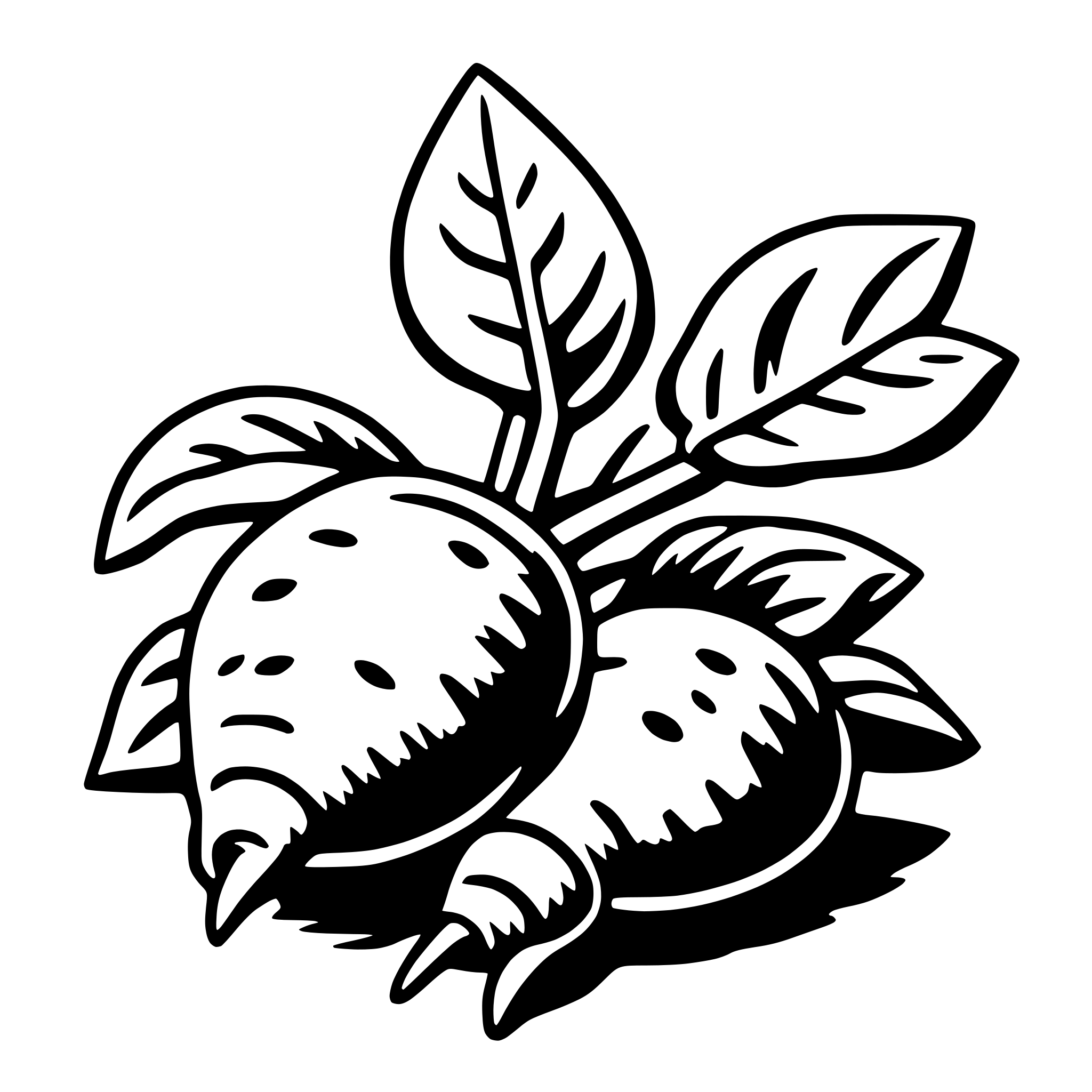 The SVG depicts a stylized illustration of a plant with three leaves and two bulbs. The leaves are arranged in a fan-like pattern, with the bulbs positioned at the base of the plant. The bulbs have a textured surface and pointed tips, suggesting they are in a dormant state. The plant is centered in the SVG, and the overall style is simple and graphic, with clean lines and minimal shading. 