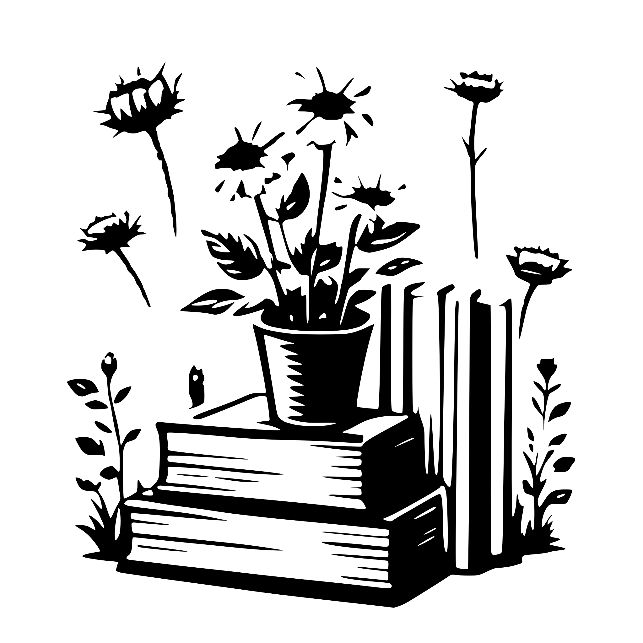 AI-generated SVG of a Eleven books  with visible spines and surrounding flowers