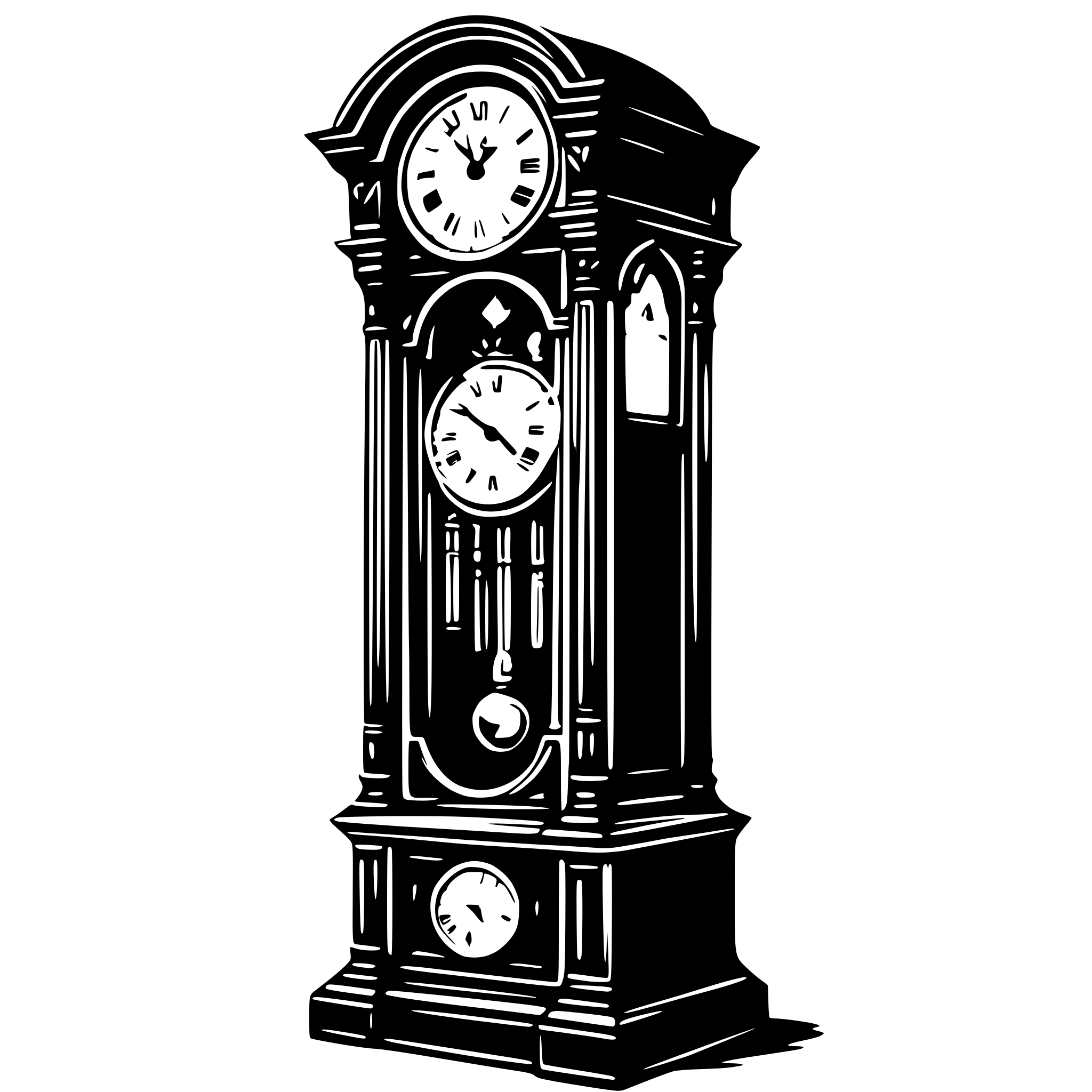 AI-generated SVG of a A detailed black and white SVG illustration of a vintage grandfather clock. The clock has a tall, ornate wooden frame with visible pendulum and clock face. Roman numerals and decorative carvings adorn its surface. AI-generated SVG of a A detailed black and white SVG illustration of a vintage grandfather clock. The clock has a tall, ornate wooden frame with visible pendulum and clock face. Roman numerals and decorative carvings adorn its surface.