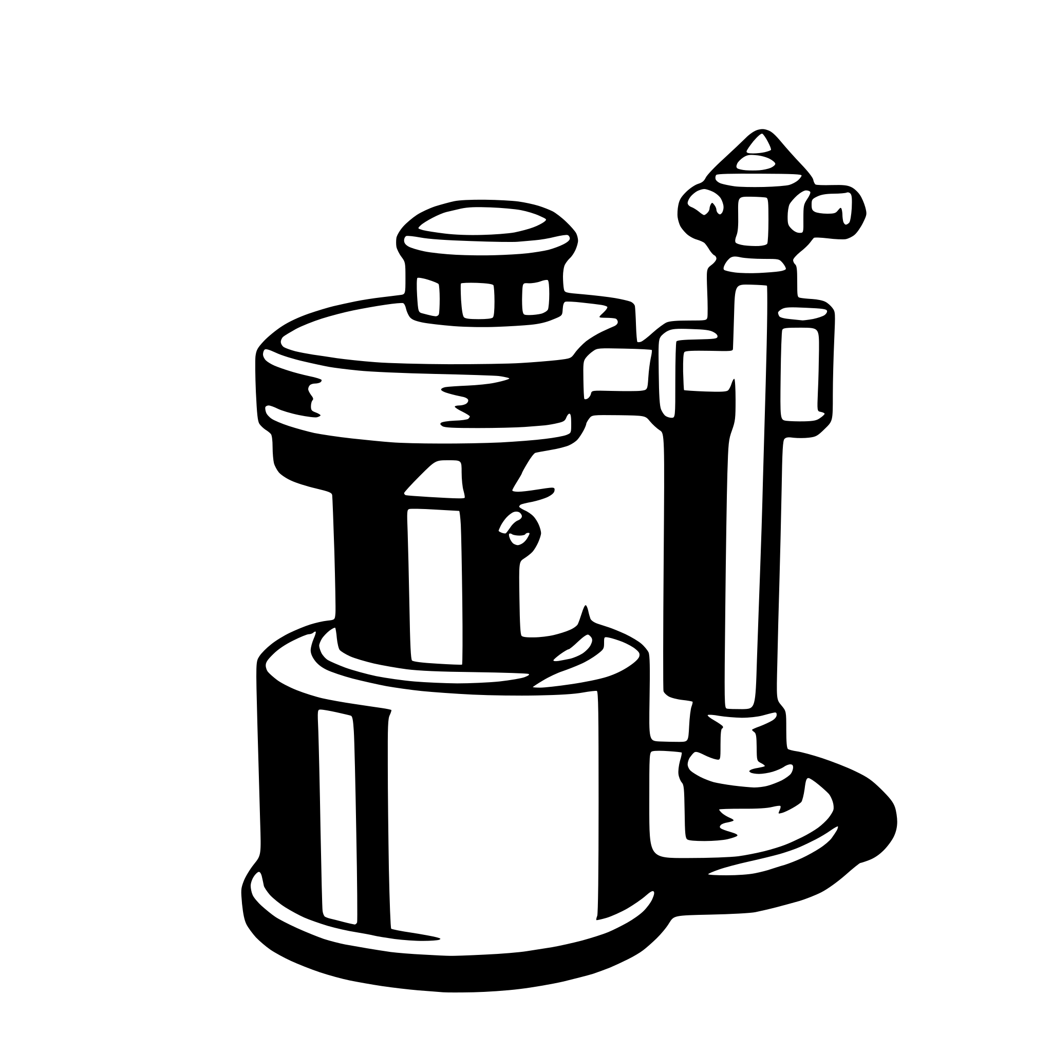 The SVG shows a simple, stylized representation of a fire hydrant. The hydrant has a cylindrical body with a flange at the bottom, a central spout, and two side nozzles. The top of the hydrant features a cap, and there is a chain attached to the cap, which is a common feature to secure the cap in place. The hydrant is depicted in a side view, with the spout and nozzles facing the viewer. The SVG is a vector graphic, which means it is composed of lines and shapes that can be scaled without losing quality. 