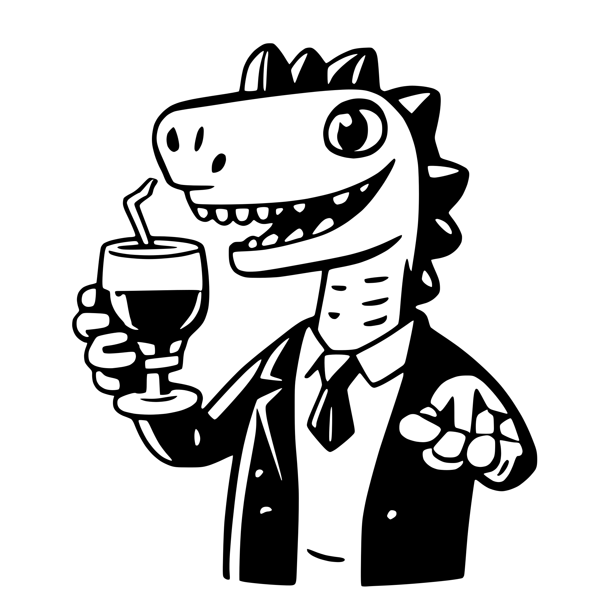 AI-generated SVG of a dinosaur with a glss of wine in the hand
