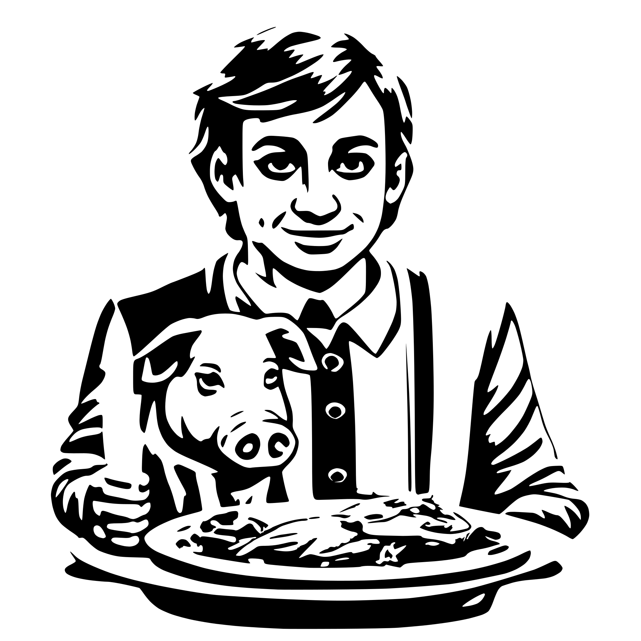 AI-generated SVG of a a man withe a very pig body small head holding a plate of food make it more abstract