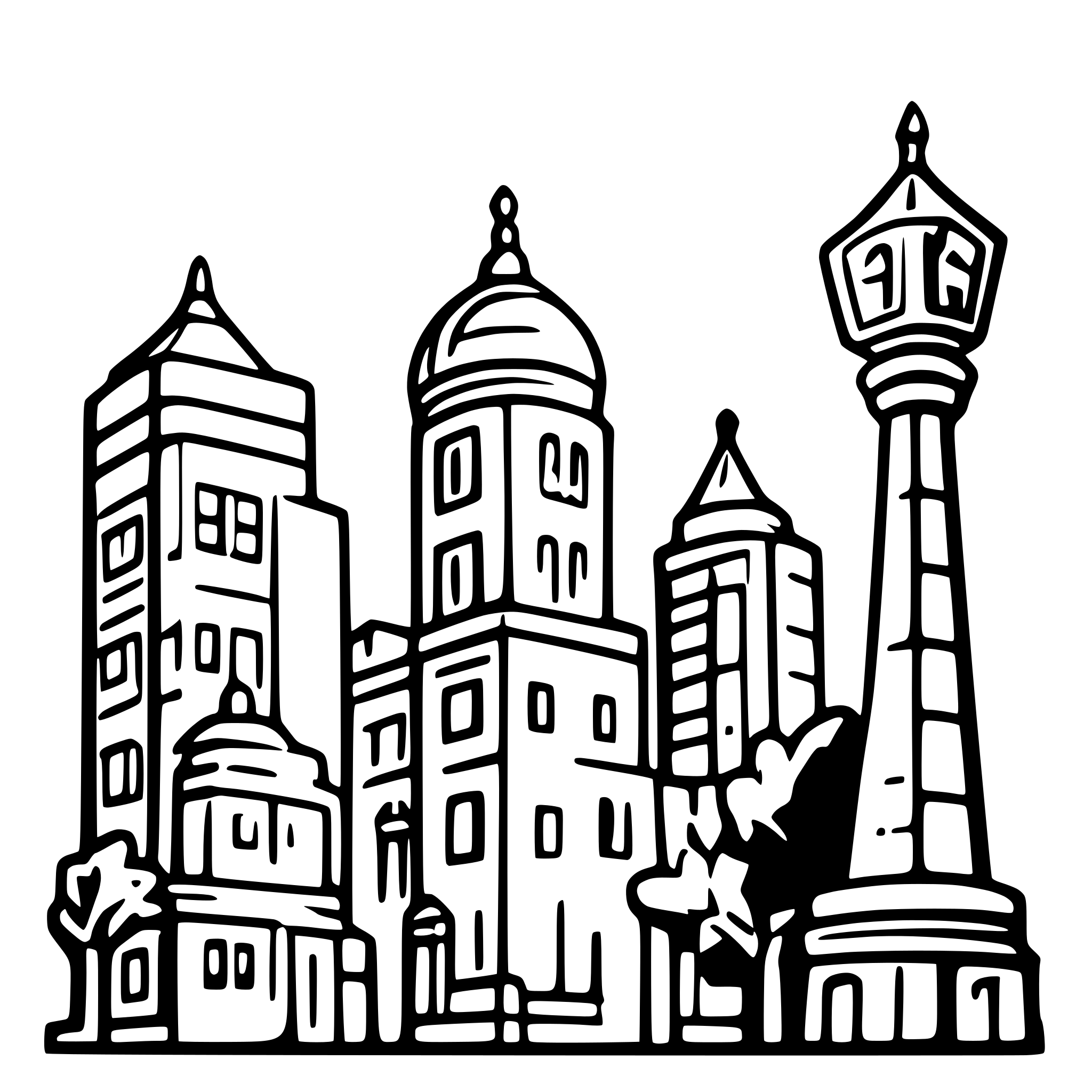 AI-generated SVG of a A finely detailed black-and-white line art illustration of a cityscape featuring a mix of modern and traditional architecture. The skyline includes iconic structures such as a towering temple with intricate carvings, historic gateways, and contemporary high-rise buildings. The scene is symmetrically balanced with lamp posts, trees, and minimal star-like accents in the sky, enhancing the aesthetic appeal. The line work is clean and precise, giving the image a minimalist yet elegant architectural 