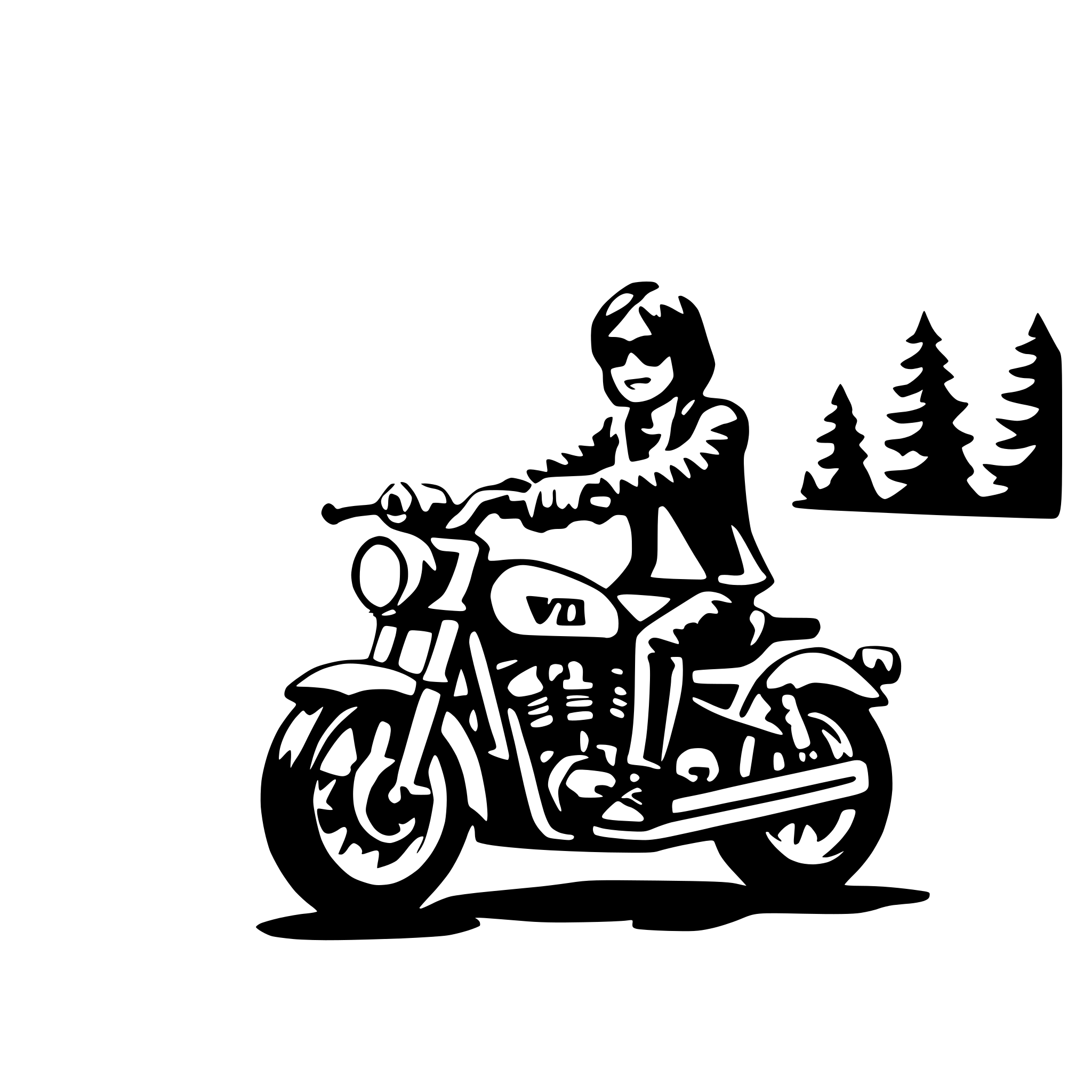 The SVG depicts a stylized black and white illustration of a person riding a motorcycle. The rider is wearing sunglasses and a jacket, and is positioned on the motorcycle, which is shown in profile. The motorcycle has a prominent headlight and a visible exhaust pipe. In the background, there are silhouettes of trees, suggesting a forested area. The style of the illustration is simplistic and cartoonish, with bold outlines and minimal shading. The SVG does not contain any text. 