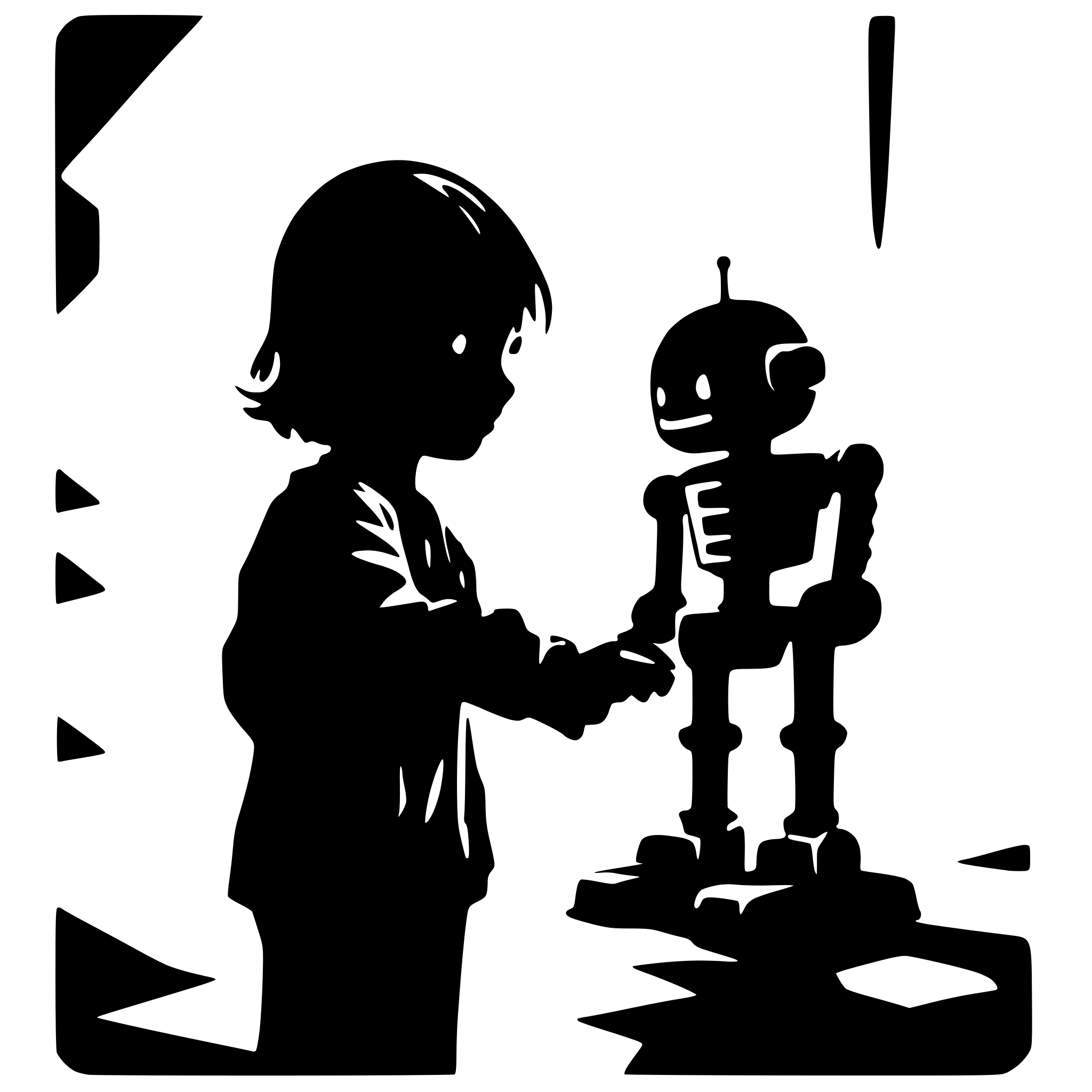 AI-generated SVG of a friendly boy playing with a robot. No background.